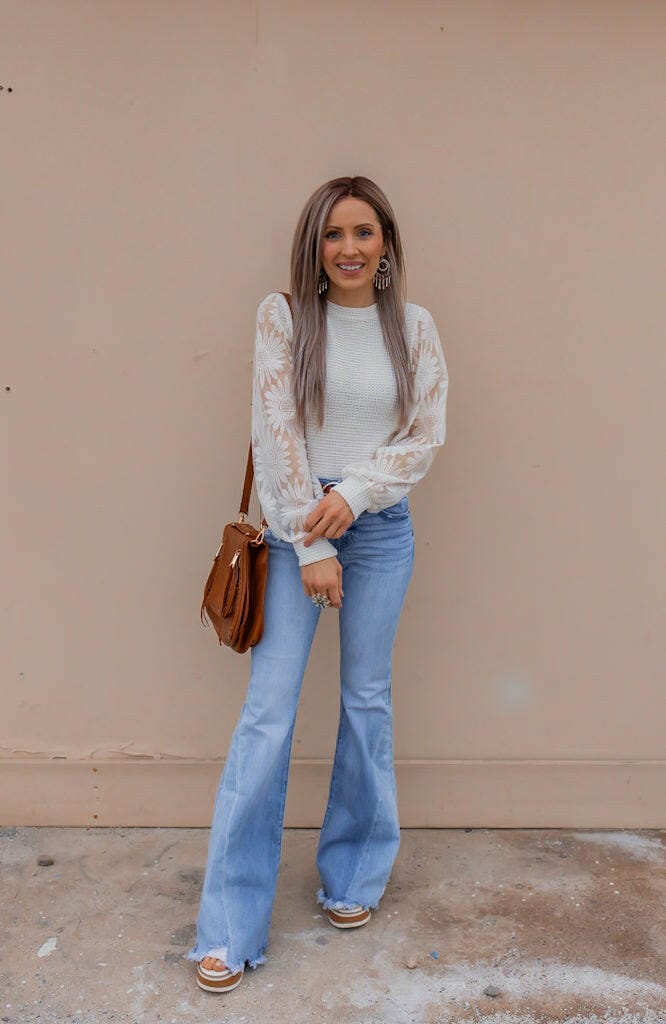 Sunflower Lace Mesh Sleeve Waffle Knit Top | S-XL-Long Sleeve Tops-Krush Kandy, Women's Online Fashion Boutique Located in Phoenix, Arizona (Scottsdale Area)