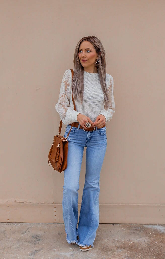 Sunflower Lace Mesh Sleeve Waffle Knit Top | S-XL-Long Sleeve Tops-Krush Kandy, Women's Online Fashion Boutique Located in Phoenix, Arizona (Scottsdale Area)