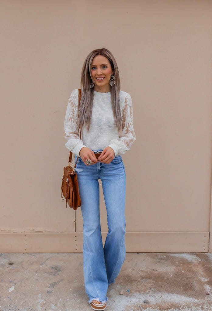 Sunflower Lace Mesh Sleeve Waffle Knit Top | S-XL-Long Sleeve Tops-Krush Kandy, Women's Online Fashion Boutique Located in Phoenix, Arizona (Scottsdale Area)