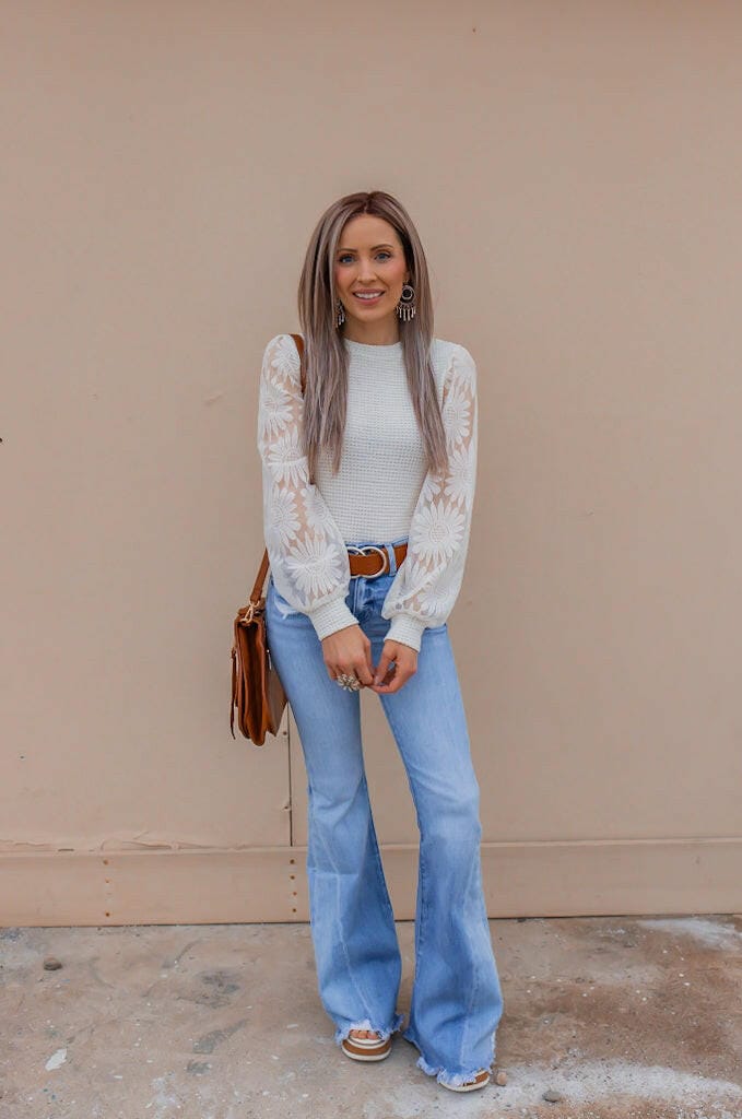 Sunflower Lace Mesh Sleeve Waffle Knit Top | S-XL-Long Sleeve Tops-Krush Kandy, Women's Online Fashion Boutique Located in Phoenix, Arizona (Scottsdale Area)