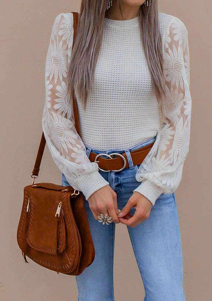 Sunflower Lace Mesh Sleeve Waffle Knit Top | S-XL-Long Sleeve Tops-Krush Kandy, Women's Online Fashion Boutique Located in Phoenix, Arizona (Scottsdale Area)