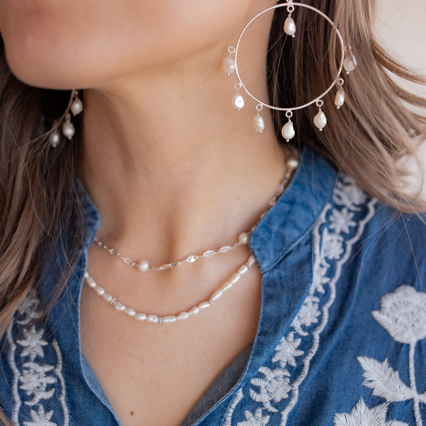 Beaded Tassel Sterling Silver Hoop Earrings