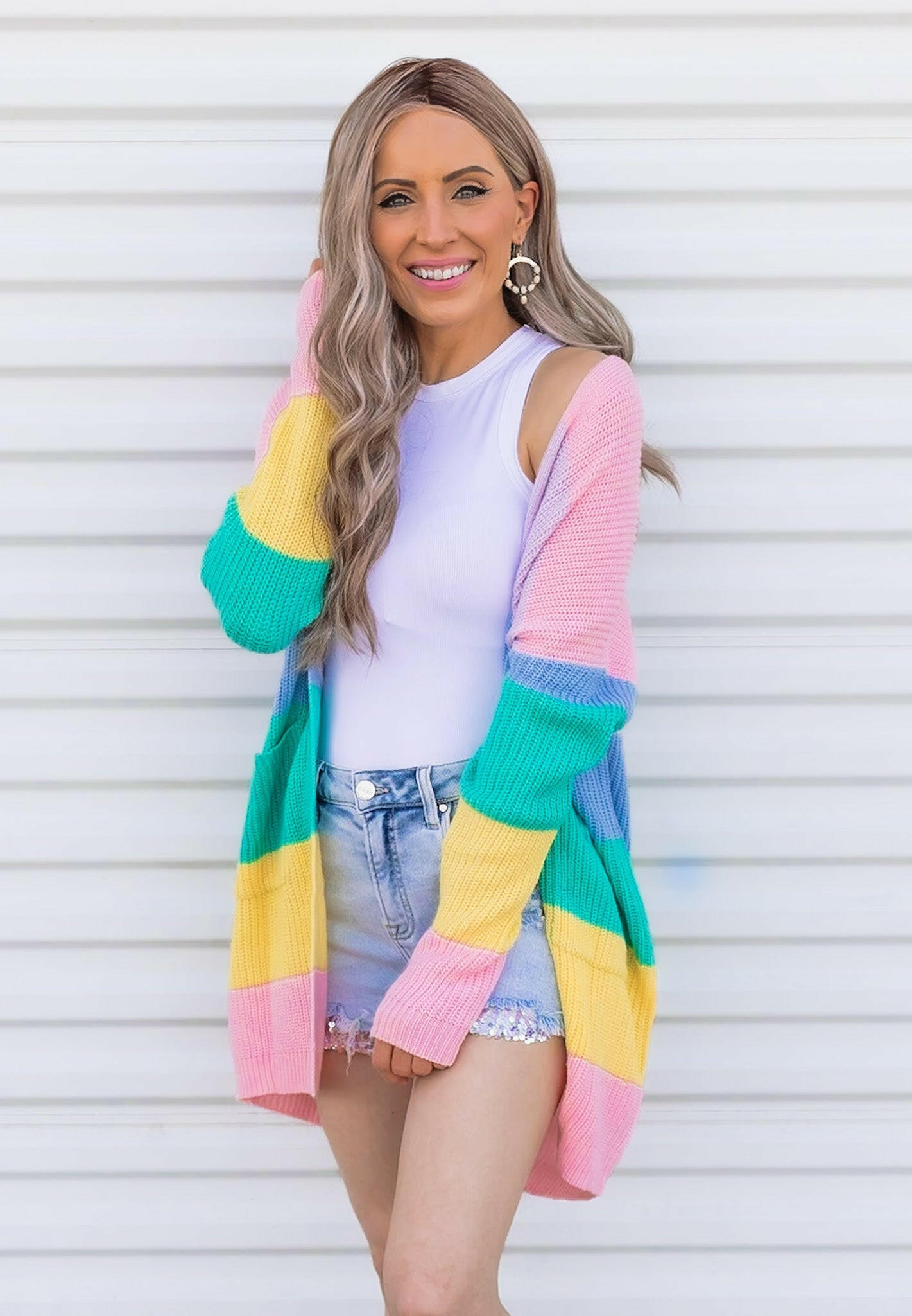 Cotton Candy Striped Color Block Cardigan-Cardigans-Krush Kandy, Women's Online Fashion Boutique Located in Phoenix, Arizona (Scottsdale Area)
