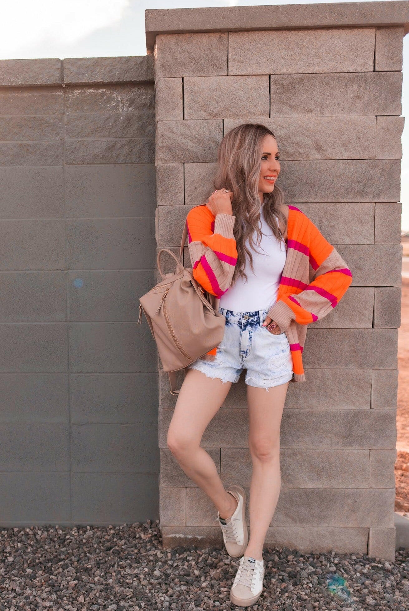 Neon Orange & Pink Striped Colorblock Slouchy Cardigan | S-2X-Cardigans-Krush Kandy, Women's Online Fashion Boutique Located in Phoenix, Arizona (Scottsdale Area)
