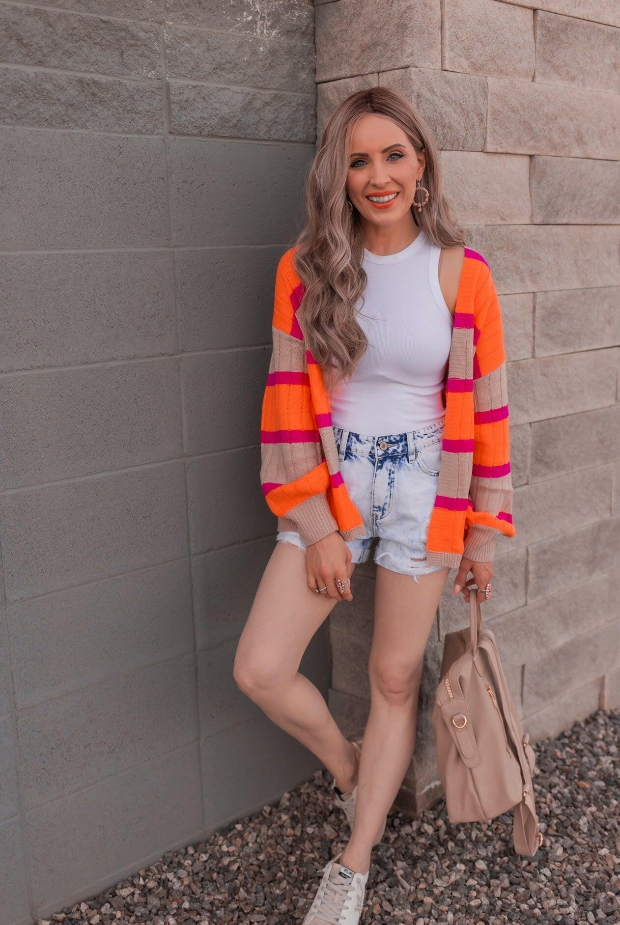Neon Orange & Pink Striped Colorblock Slouchy Cardigan | S-2X-Cardigans-Krush Kandy, Women's Online Fashion Boutique Located in Phoenix, Arizona (Scottsdale Area)
