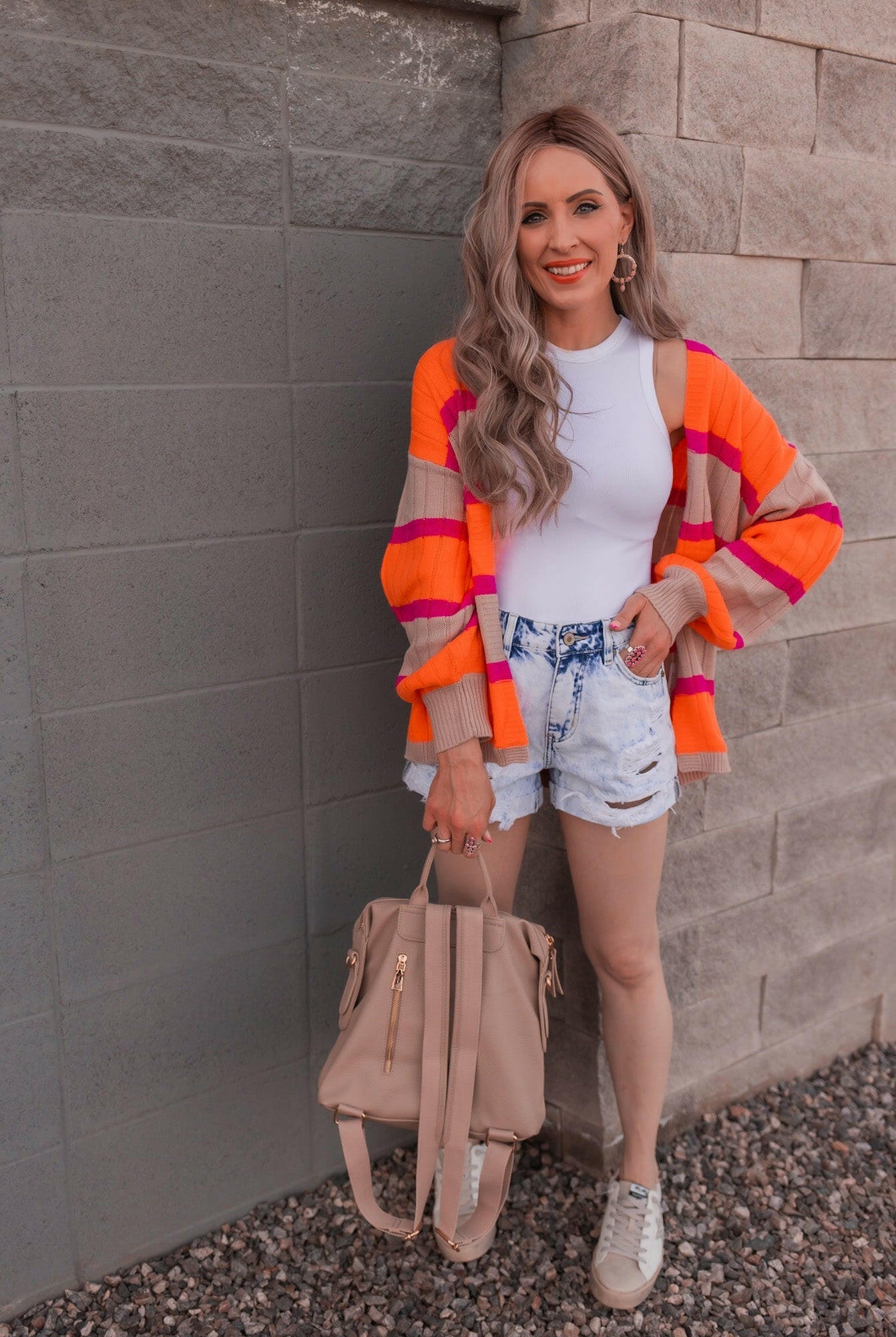 Neon Orange & Pink Striped Colorblock Slouchy Cardigan | S-2X-Cardigans-Krush Kandy, Women's Online Fashion Boutique Located in Phoenix, Arizona (Scottsdale Area)