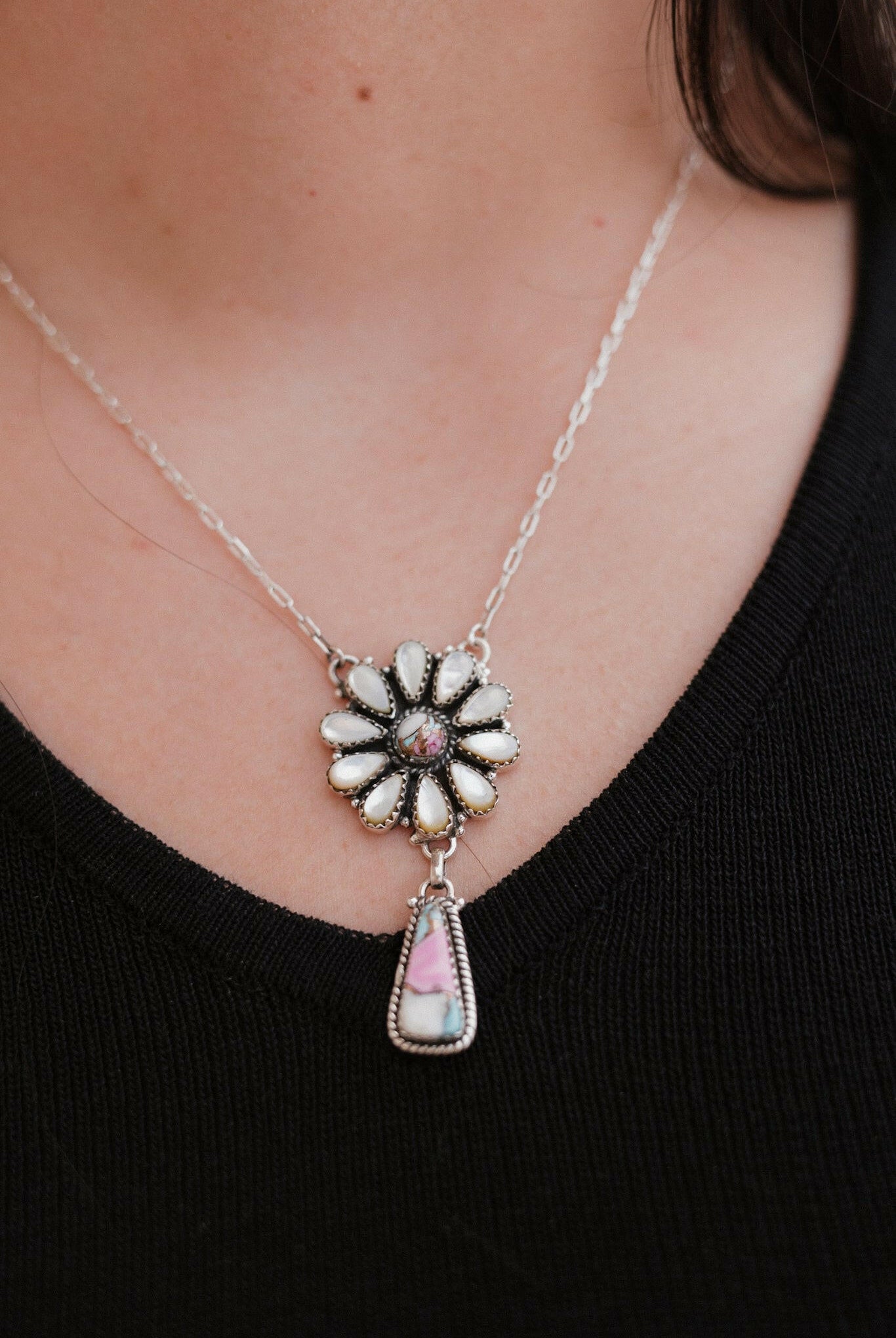 MOP & Cotton Candy Daisy Drop Necklace-Necklaces-Krush Kandy, Women's Online Fashion Boutique Located in Phoenix, Arizona (Scottsdale Area)