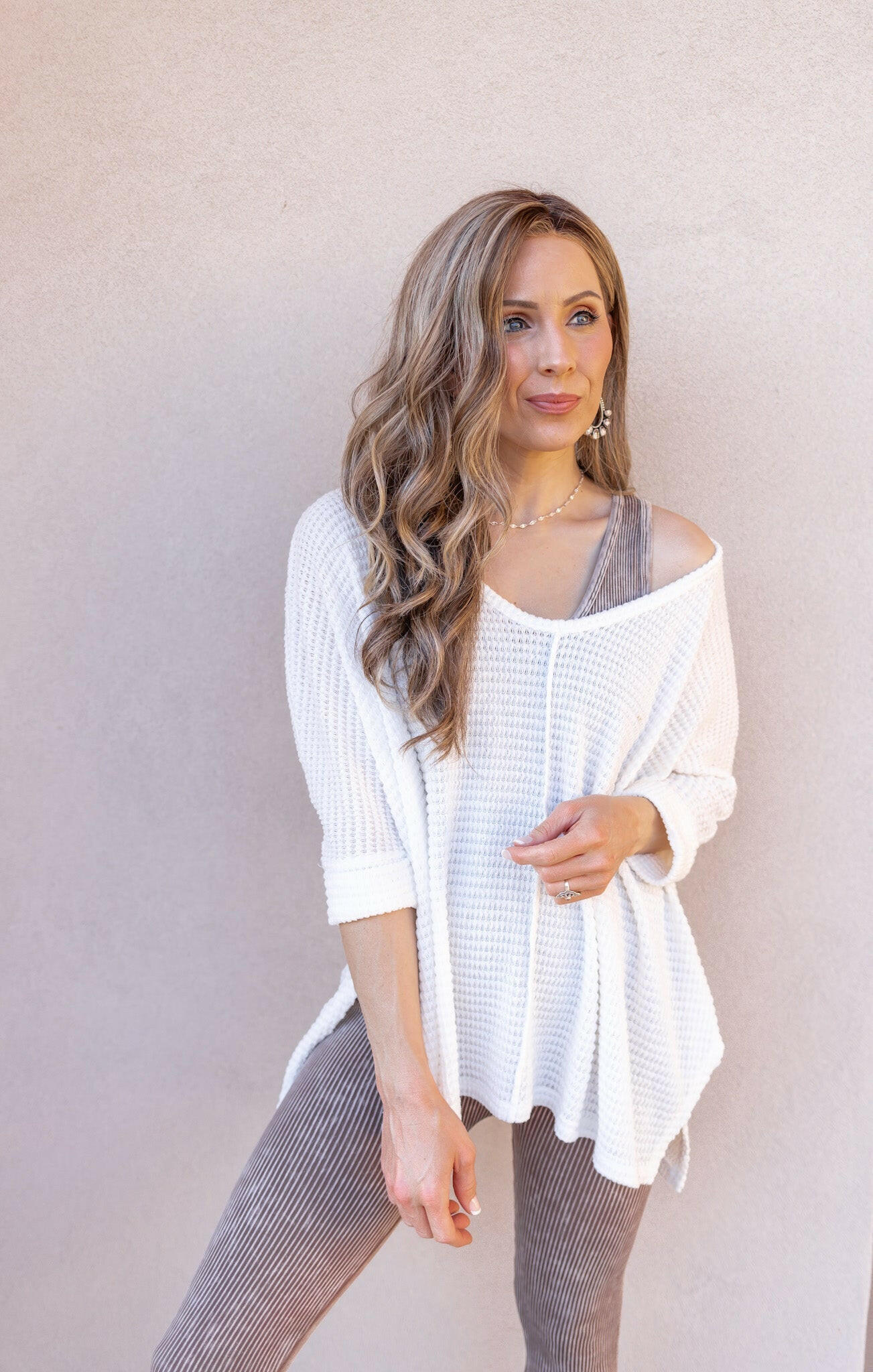 Chasing Comfort 3/4 Sleeve Waffle Knit Top-Short Sleeve Tops-Krush Kandy, Women's Online Fashion Boutique Located in Phoenix, Arizona (Scottsdale Area)
