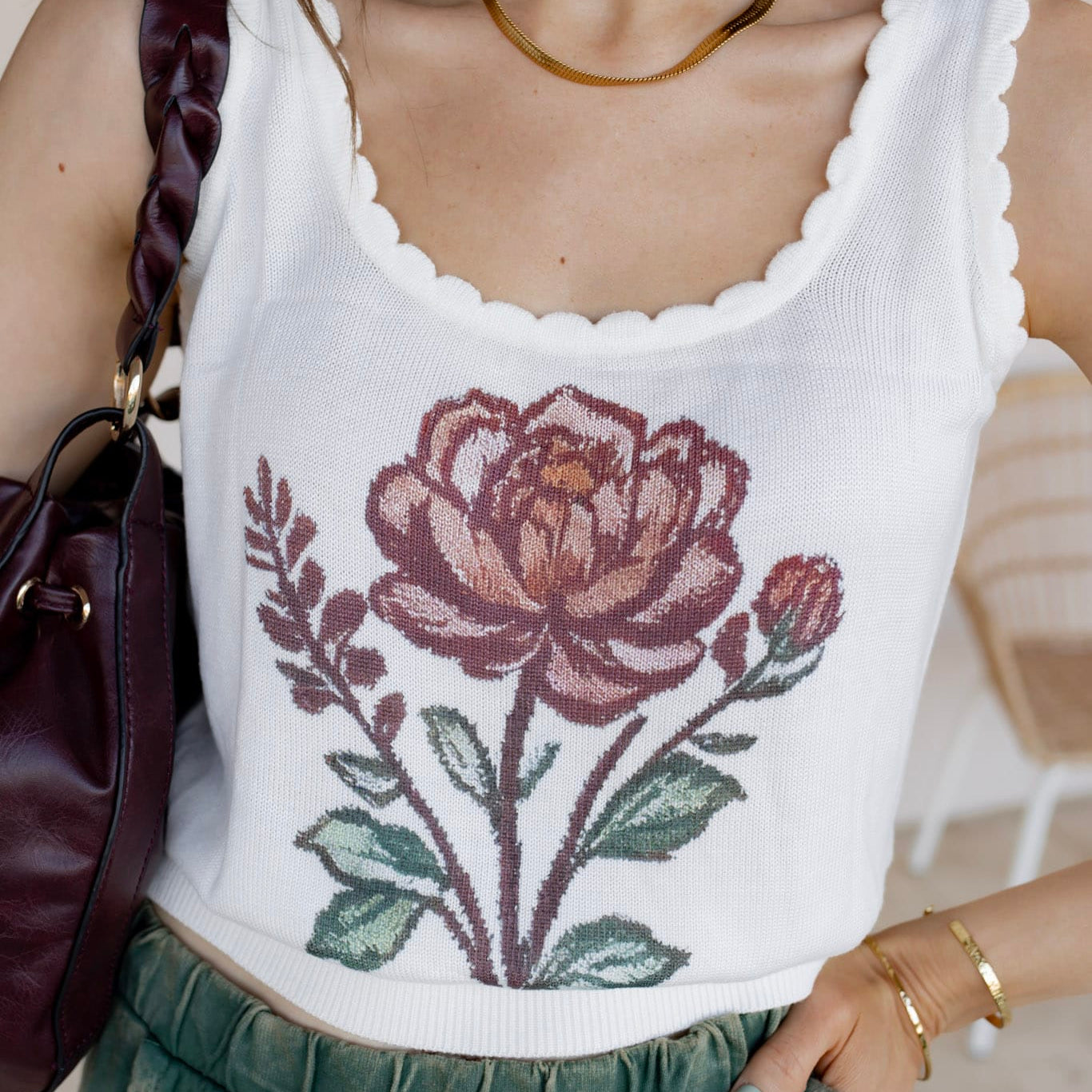 Retro Floral Print Scalloped Square Neck Tank
