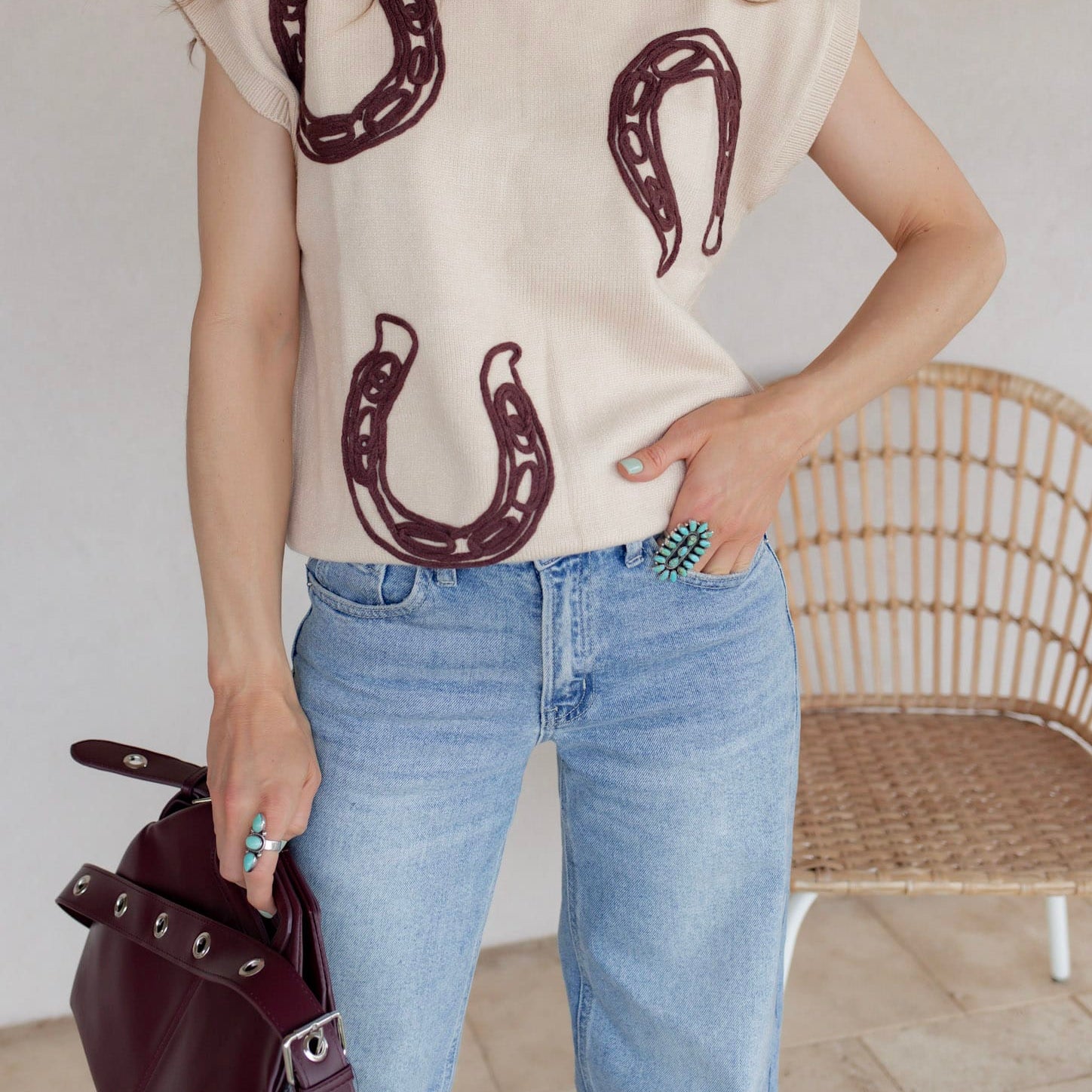 Horseshoes Ribbed Trim Mock Neck Short Sleeve Sweater