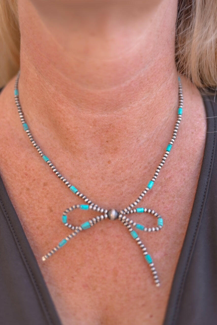Turquoise Slabs & Desert Pearl Bow Necklace-Chain Necklaces-Krush Kandy, Women's Online Fashion Boutique Located in Phoenix, Arizona (Scottsdale Area)