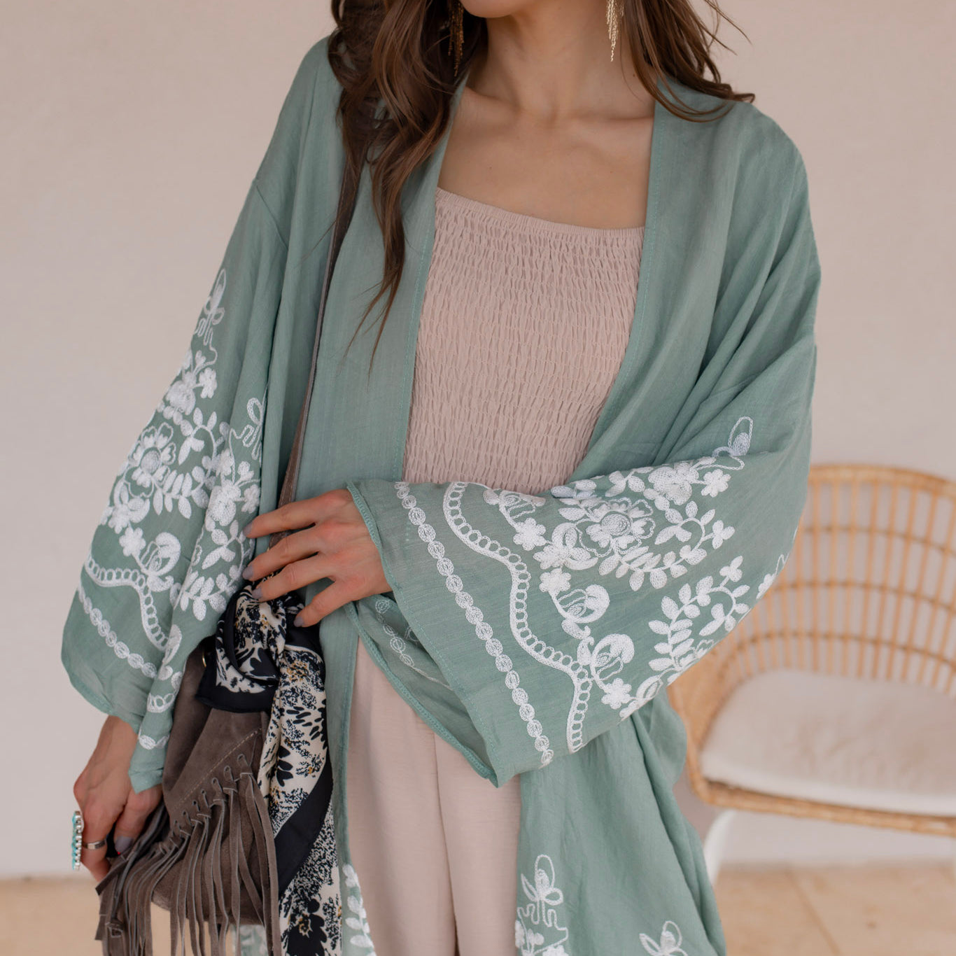 Embroidered Floral Vine Lightweight Kimono