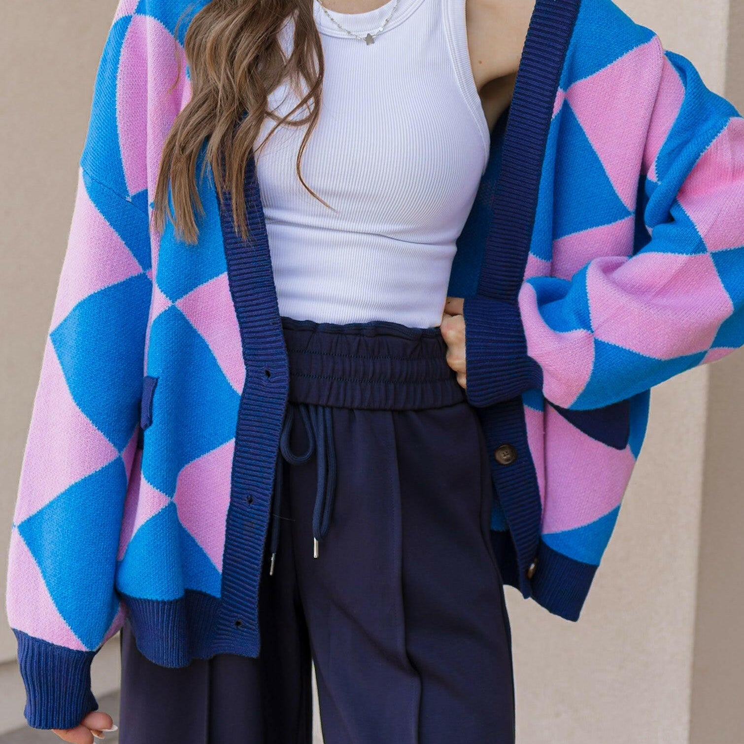 LUXE Diamond Checkered Oversized Cardigan-Sweaters-Krush Kandy, Women's Online Fashion Boutique Located in Phoenix, Arizona (Scottsdale Area)