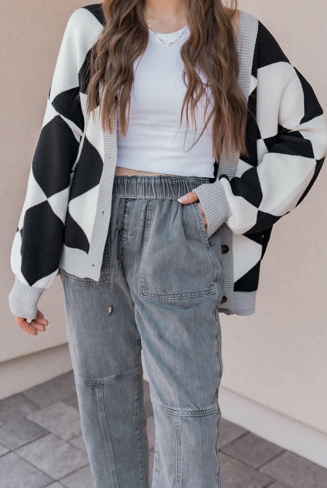 LUXE Diamond Checkered Oversized Cardigan-Sweaters-Krush Kandy, Women's Online Fashion Boutique Located in Phoenix, Arizona (Scottsdale Area)
