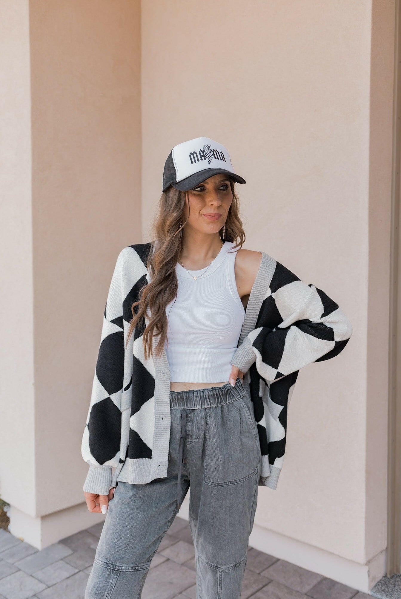 LUXE Diamond Checkered Oversized Cardigan-Sweaters-Krush Kandy, Women's Online Fashion Boutique Located in Phoenix, Arizona (Scottsdale Area)