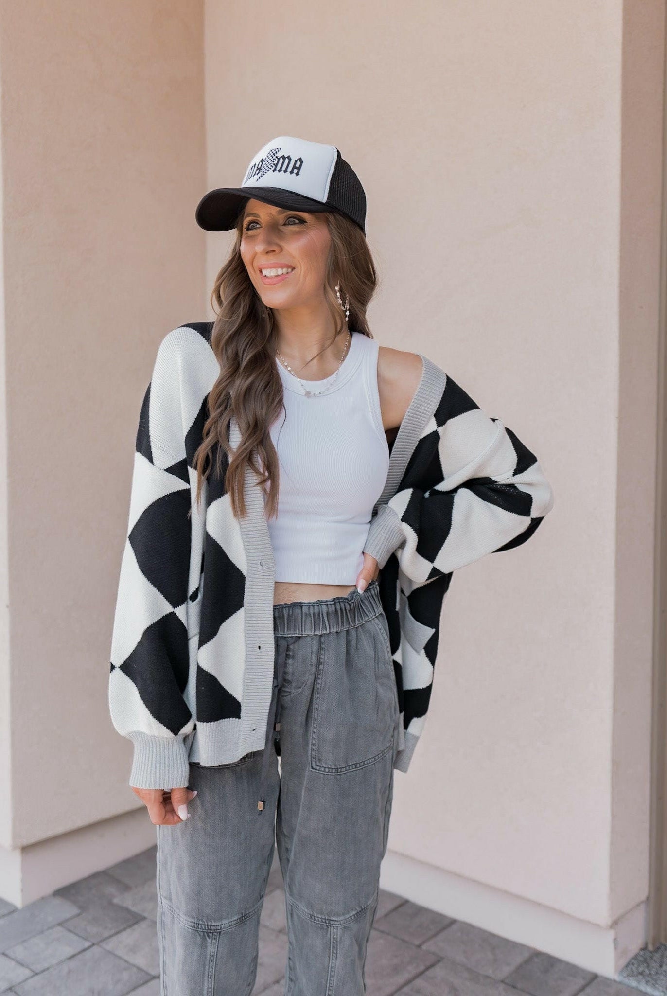LUXE Diamond Checkered Oversized Cardigan-Sweaters-Krush Kandy, Women's Online Fashion Boutique Located in Phoenix, Arizona (Scottsdale Area)