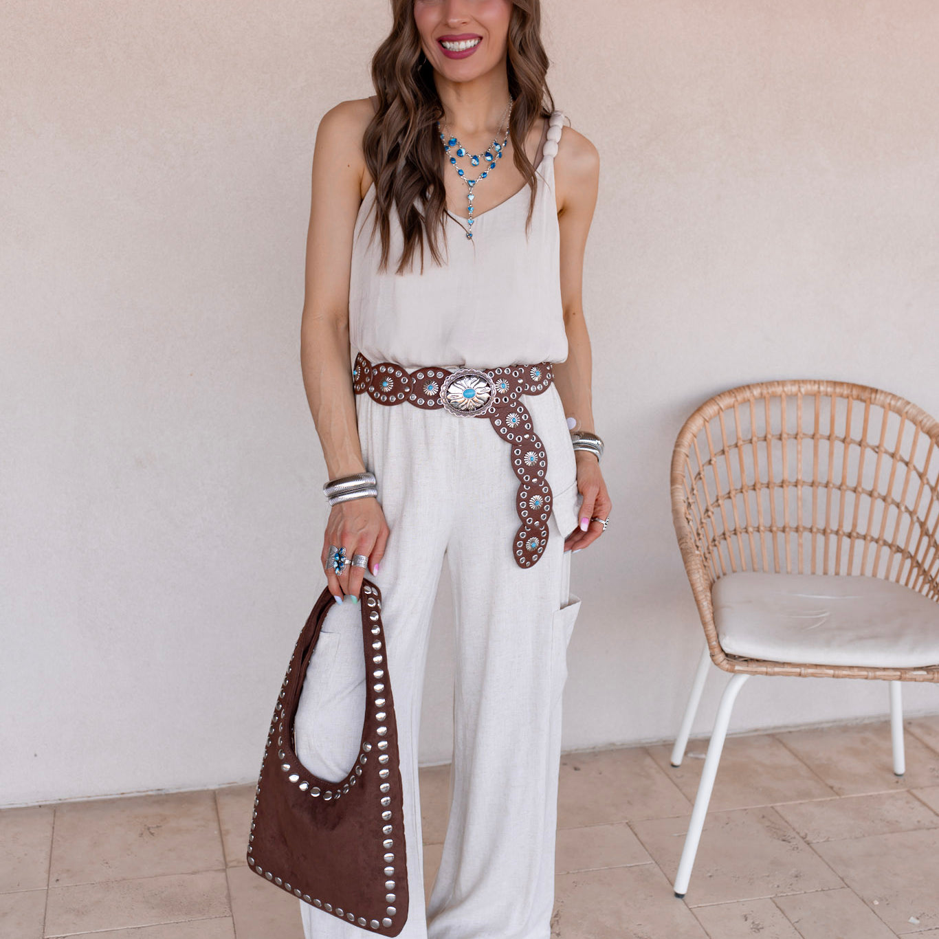 Grommet Border Studded Suede Shoulder Bag