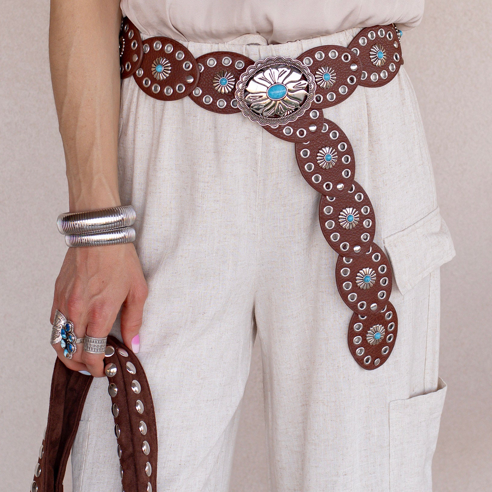 Western Turquoise Concho Disc Leather Belt