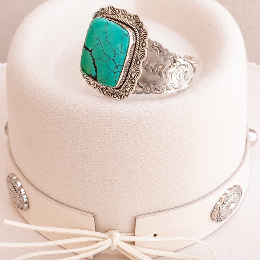 Western Fairytale Turquoise Slab Stamped Cuffs-Bracelets-Krush Kandy, Women's Online Fashion Boutique Located in Phoenix, Arizona (Scottsdale Area)