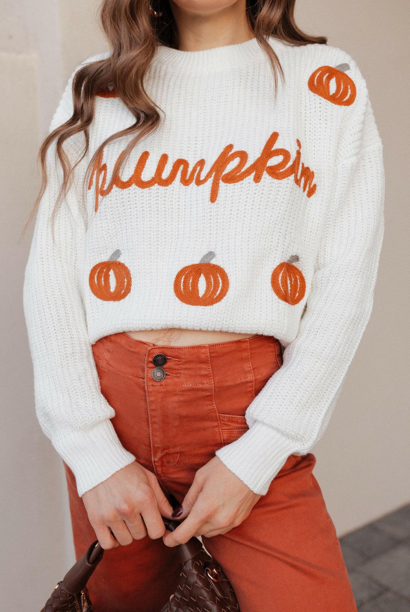 Pumpkin Embroidery Long Sleeve Sweater-Sweaters-Krush Kandy, Women's Online Fashion Boutique Located in Phoenix, Arizona (Scottsdale Area)