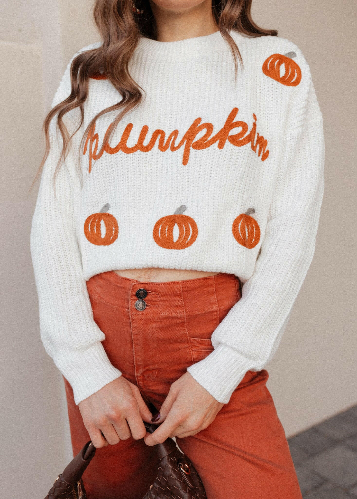 Pumpkin Embroidery Long Sleeve Sweater-Sweaters-Krush Kandy, Women's Online Fashion Boutique Located in Phoenix, Arizona (Scottsdale Area)