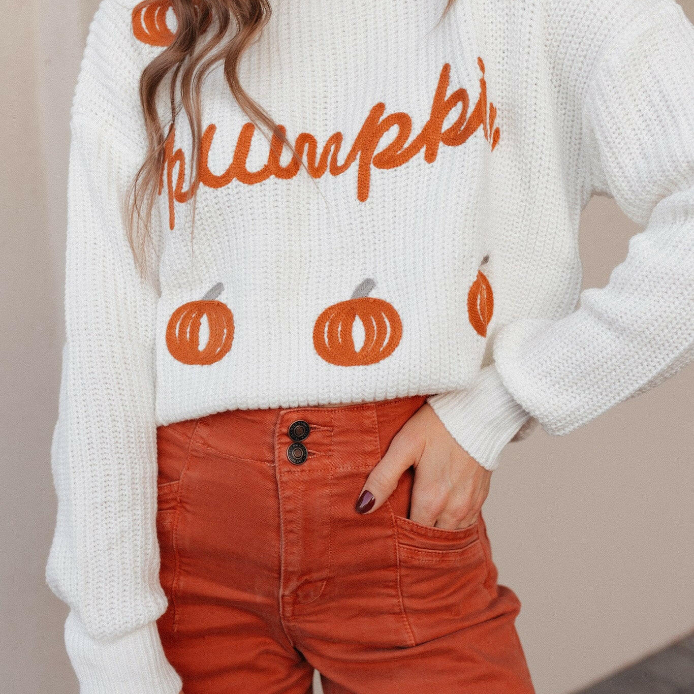 Pumpkin Embroidery Long Sleeve Sweater-Sweaters-Krush Kandy, Women's Online Fashion Boutique Located in Phoenix, Arizona (Scottsdale Area)