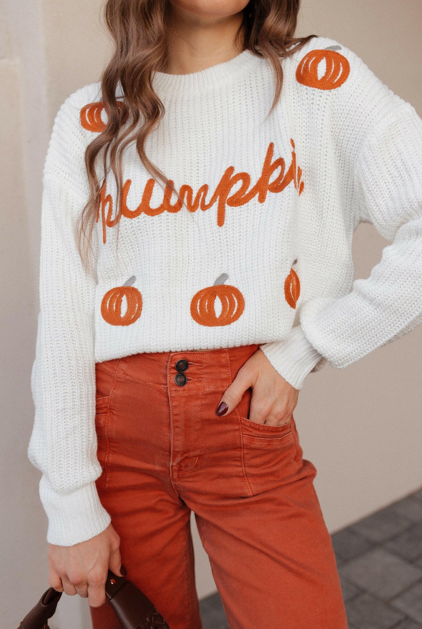 Pumpkin Embroidery Long Sleeve Sweater-Sweaters-Krush Kandy, Women's Online Fashion Boutique Located in Phoenix, Arizona (Scottsdale Area)