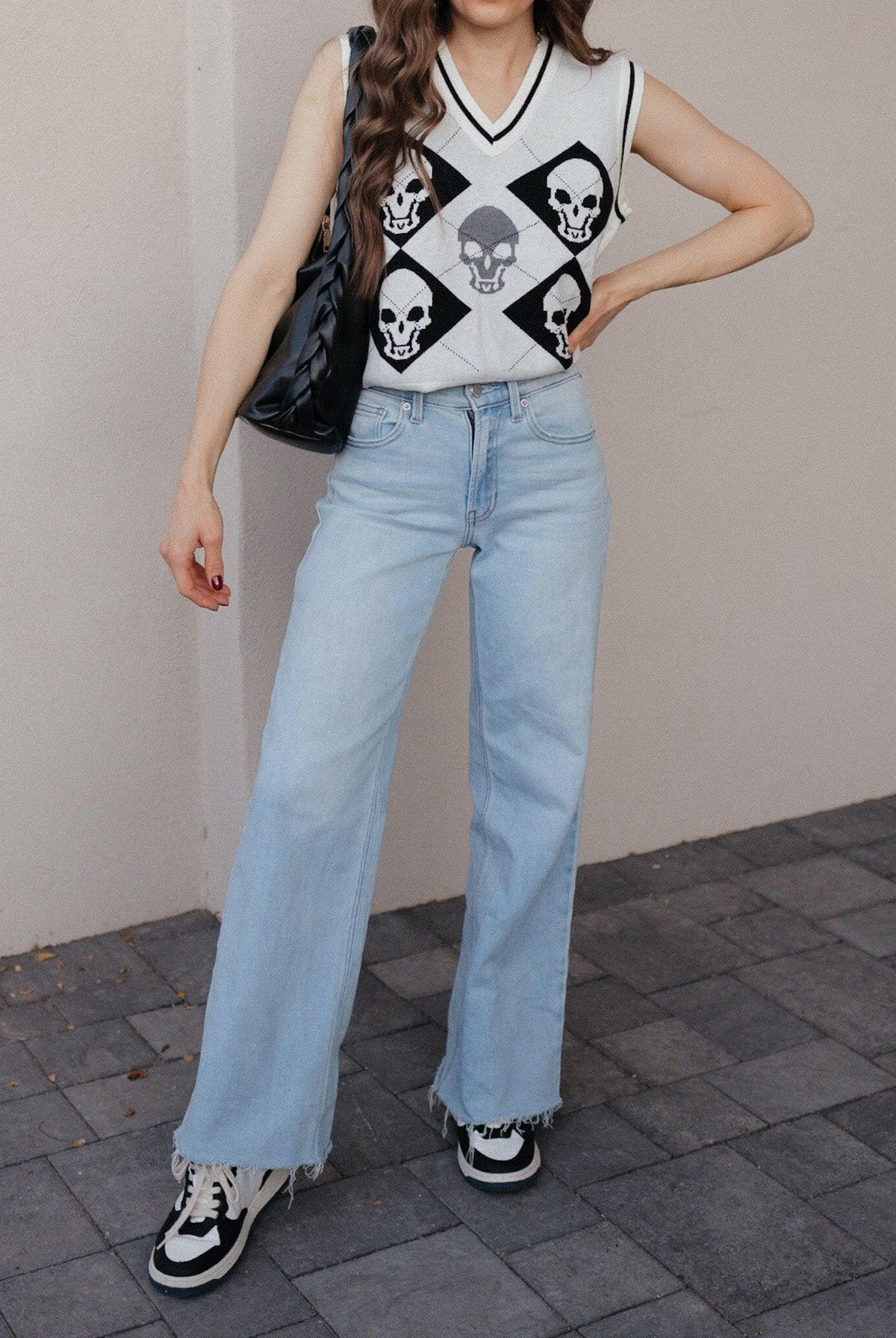 Skull Contrast V-Neck Sweater Vest-Tops-Krush Kandy, Women's Online Fashion Boutique Located in Phoenix, Arizona (Scottsdale Area)