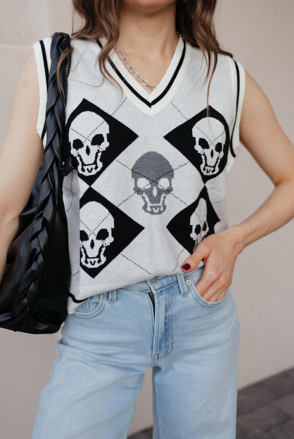 Skull Contrast V-Neck Sweater Vest-Tops-Krush Kandy, Women's Online Fashion Boutique Located in Phoenix, Arizona (Scottsdale Area)
