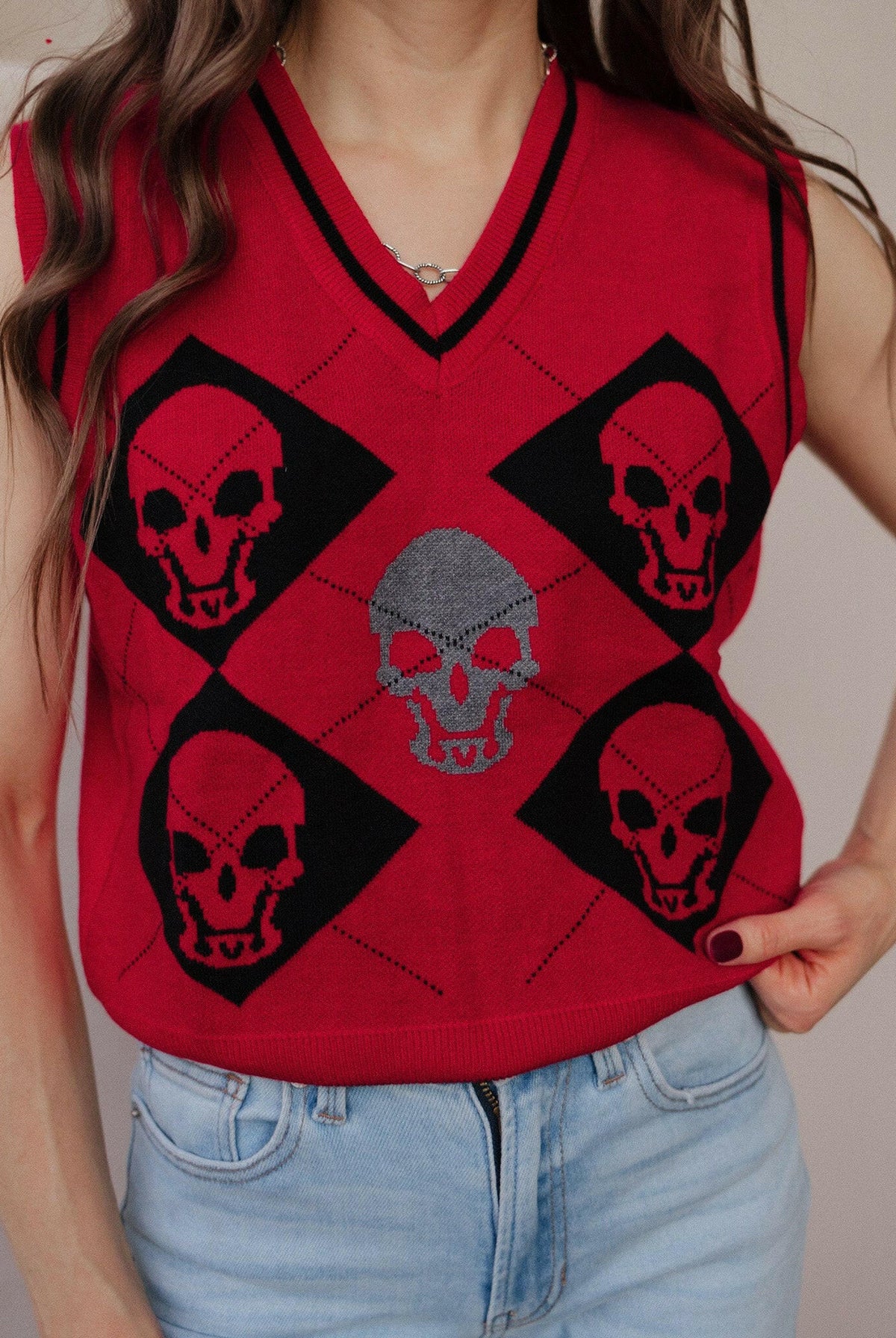 Skull Contrast V-Neck Sweater Vest-Tops-Krush Kandy, Women's Online Fashion Boutique Located in Phoenix, Arizona (Scottsdale Area)