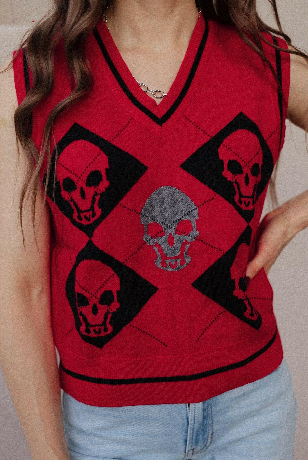 Skull Contrast V-Neck Sweater Vest-Tops-Krush Kandy, Women's Online Fashion Boutique Located in Phoenix, Arizona (Scottsdale Area)
