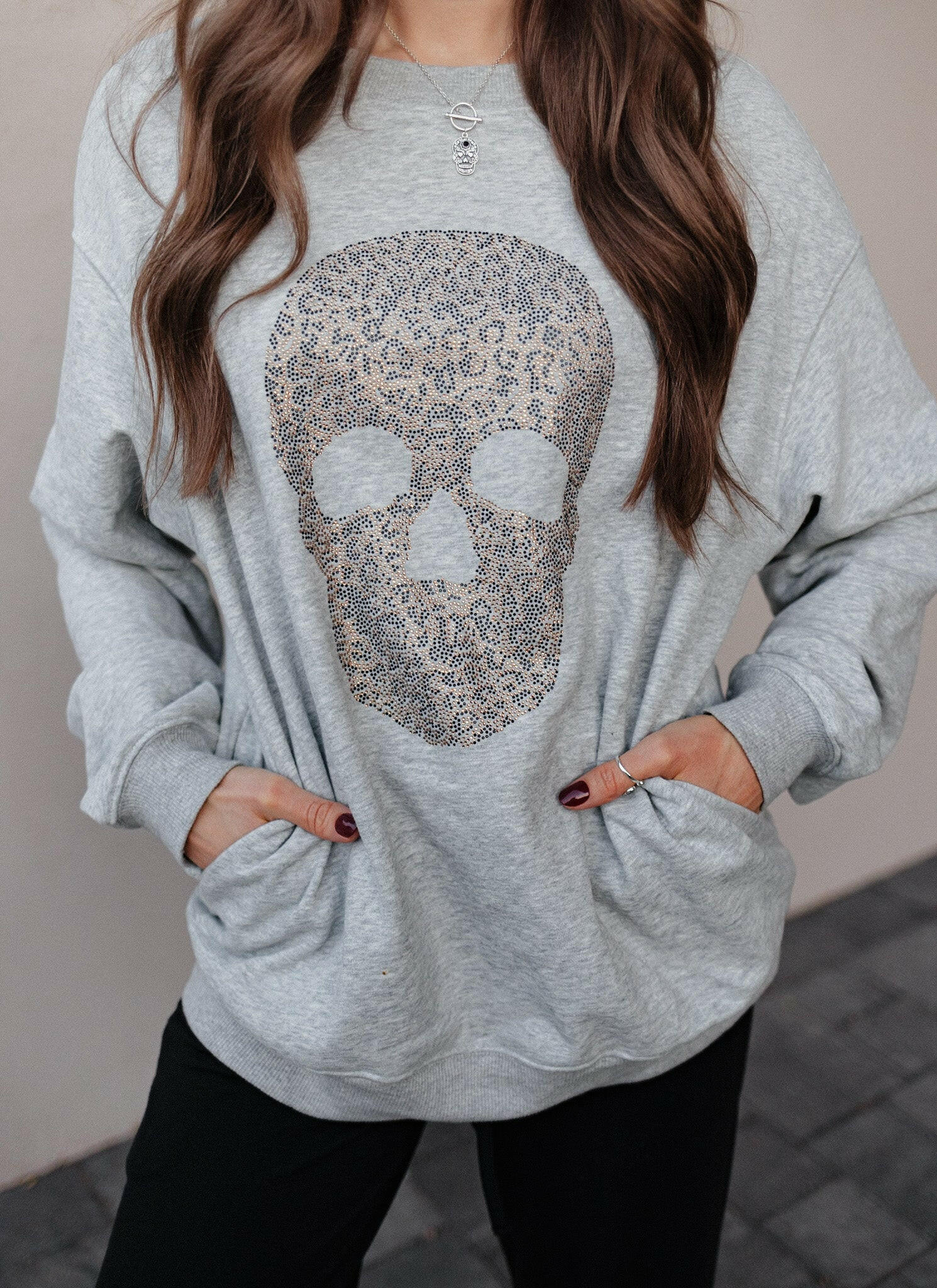 Pocket Leopard Rhinestone Skull Sweater S-2X-Sweaters-Krush Kandy, Women's Online Fashion Boutique Located in Phoenix, Arizona (Scottsdale Area)
