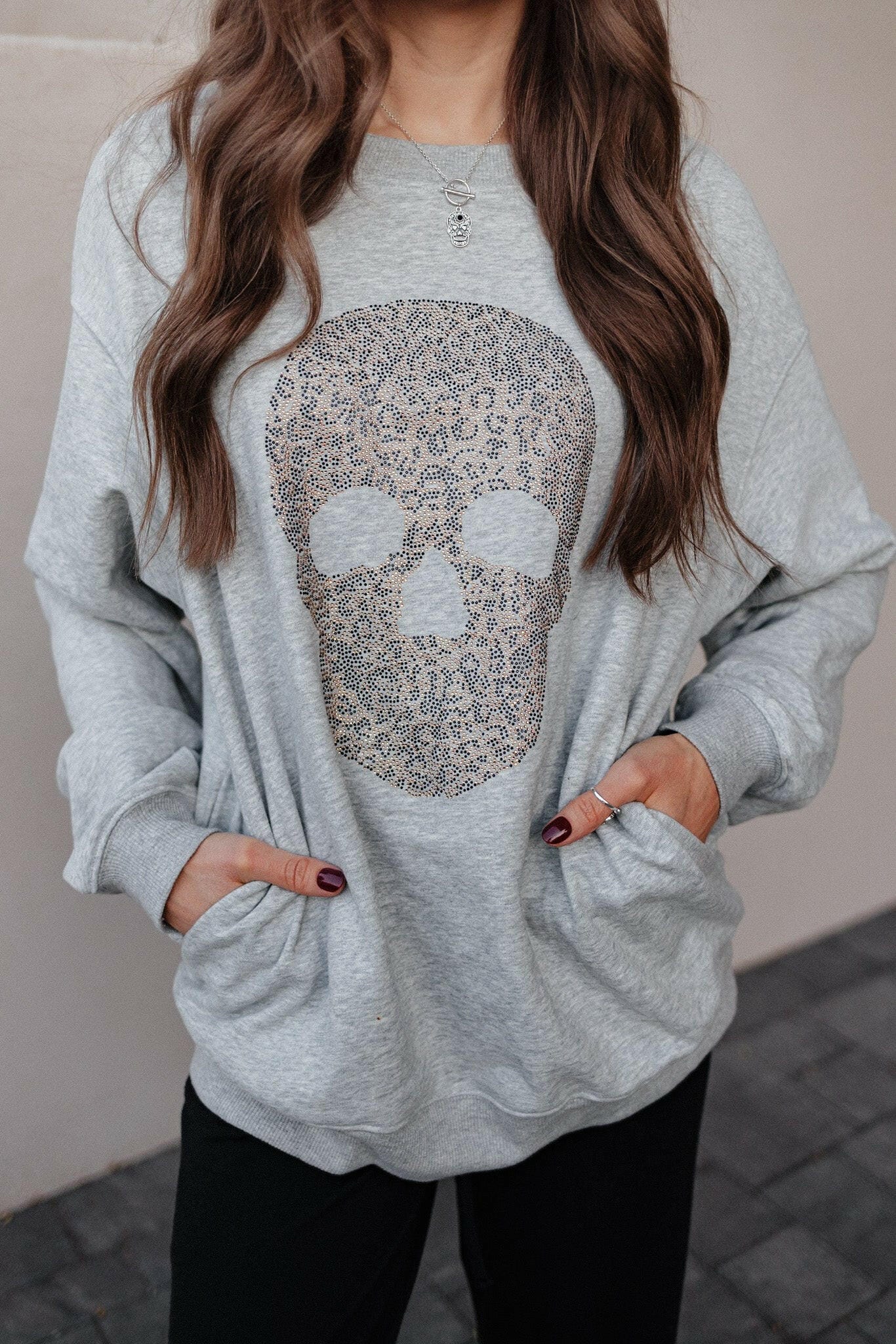 Pocket Leopard Rhinestone Skull Sweater S-2X-Sweaters-Krush Kandy, Women's Online Fashion Boutique Located in Phoenix, Arizona (Scottsdale Area)