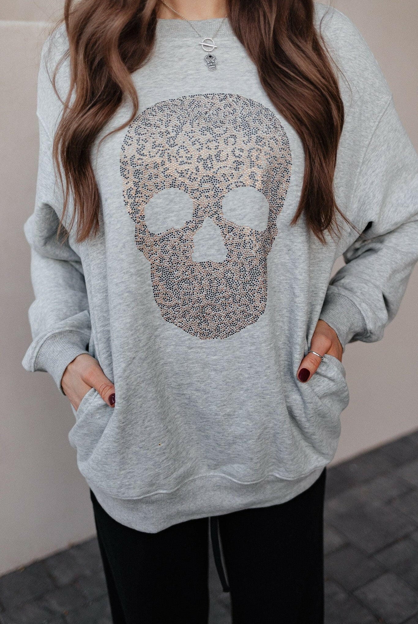 Pocket Leopard Rhinestone Skull Sweater S-2X-Sweaters-Krush Kandy, Women's Online Fashion Boutique Located in Phoenix, Arizona (Scottsdale Area)