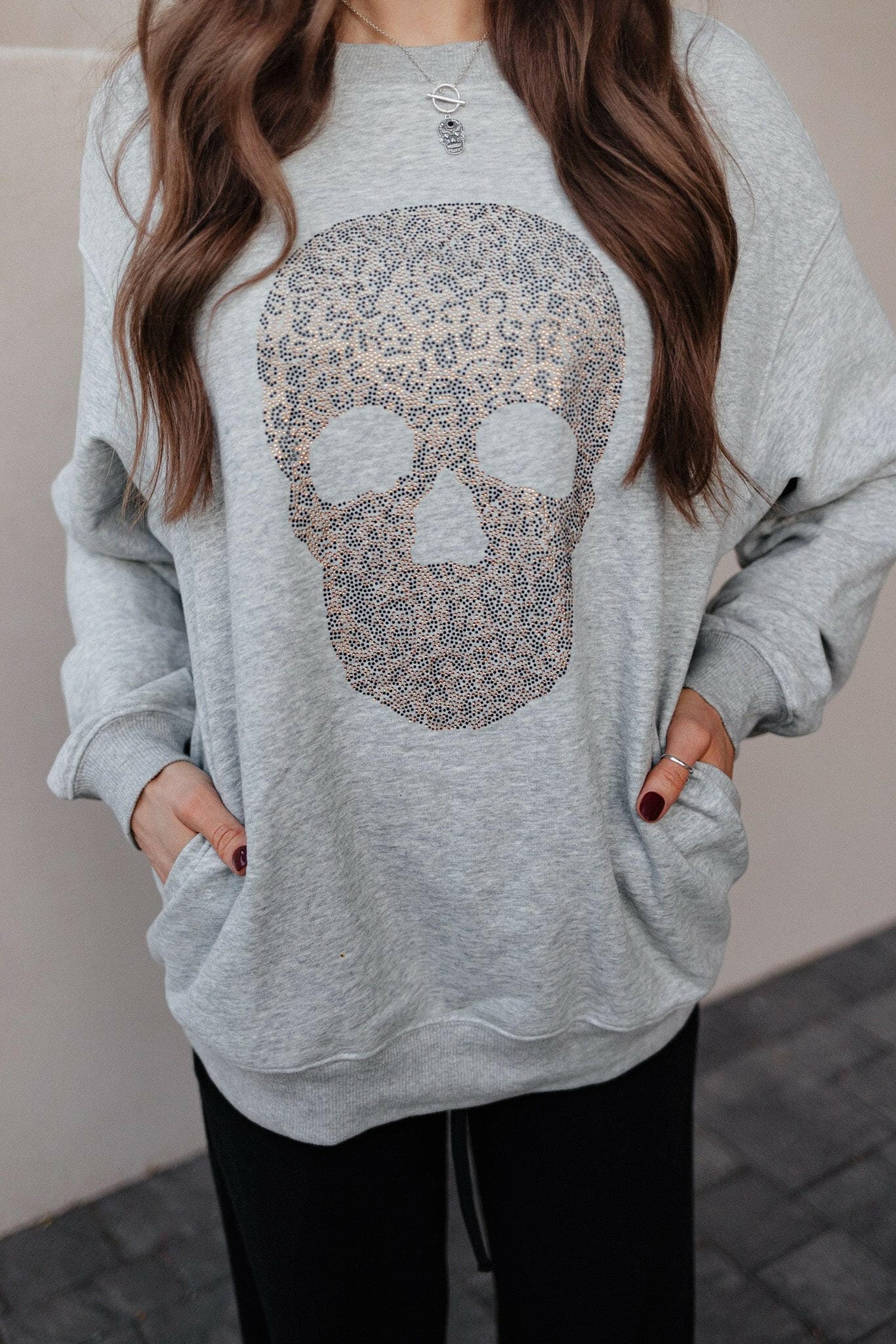 Pocket Leopard Rhinestone Skull Sweater S-2X-Sweaters-Krush Kandy, Women's Online Fashion Boutique Located in Phoenix, Arizona (Scottsdale Area)