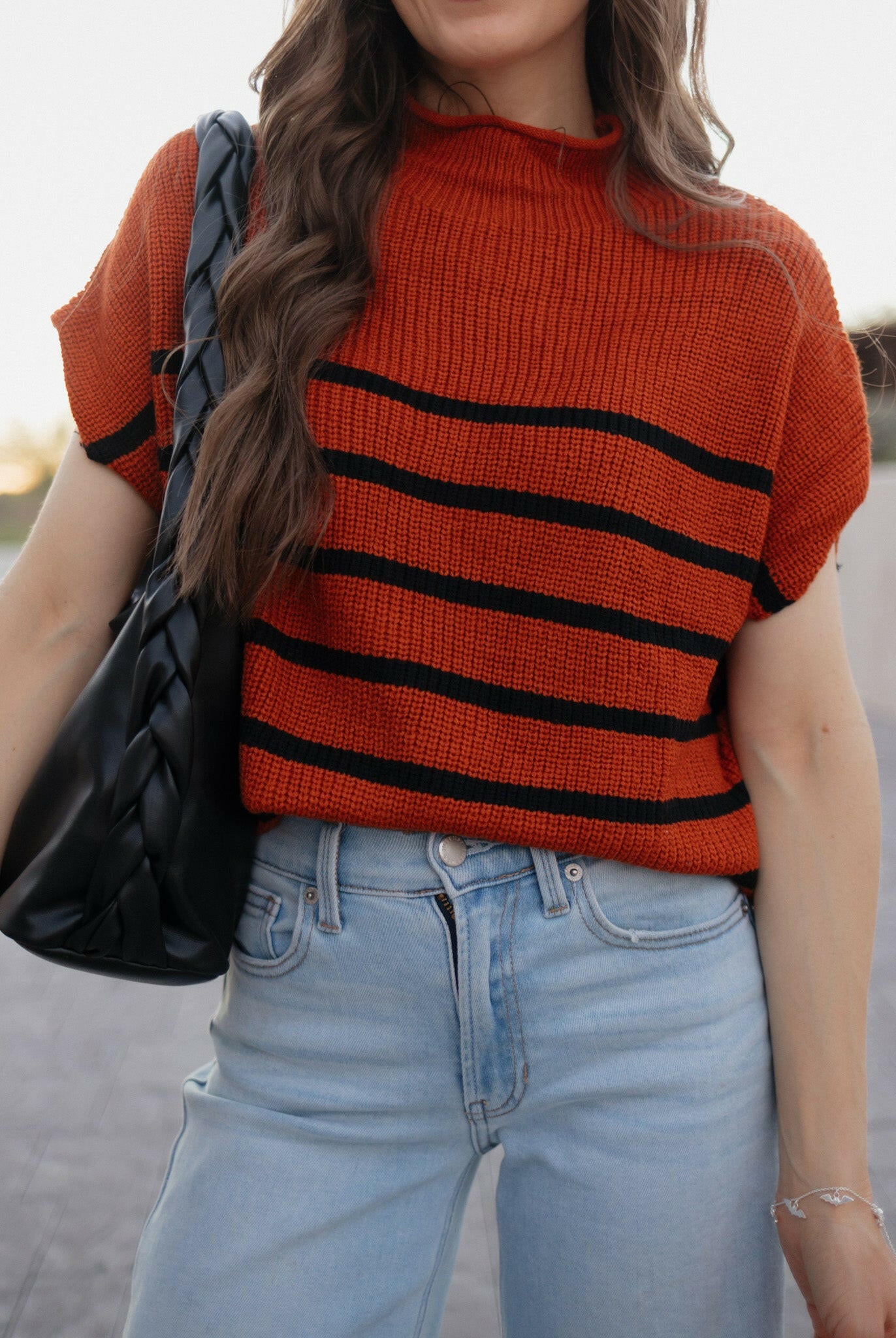 Between the Lines Striped Mock Neck Short Sleeve Sweater-Tops-Krush Kandy, Women's Online Fashion Boutique Located in Phoenix, Arizona (Scottsdale Area)
