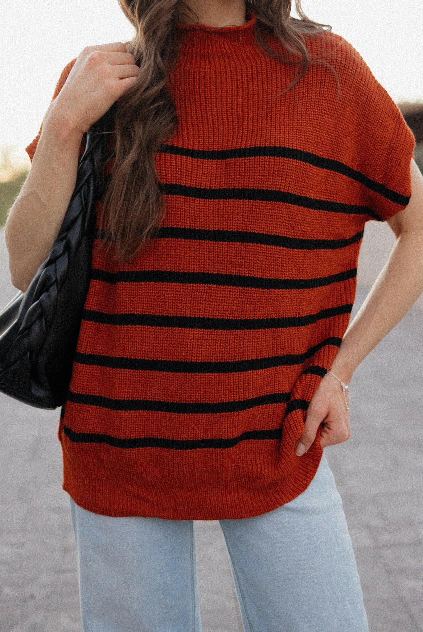Between the Lines Striped Mock Neck Short Sleeve Sweater-Tops-Krush Kandy, Women's Online Fashion Boutique Located in Phoenix, Arizona (Scottsdale Area)