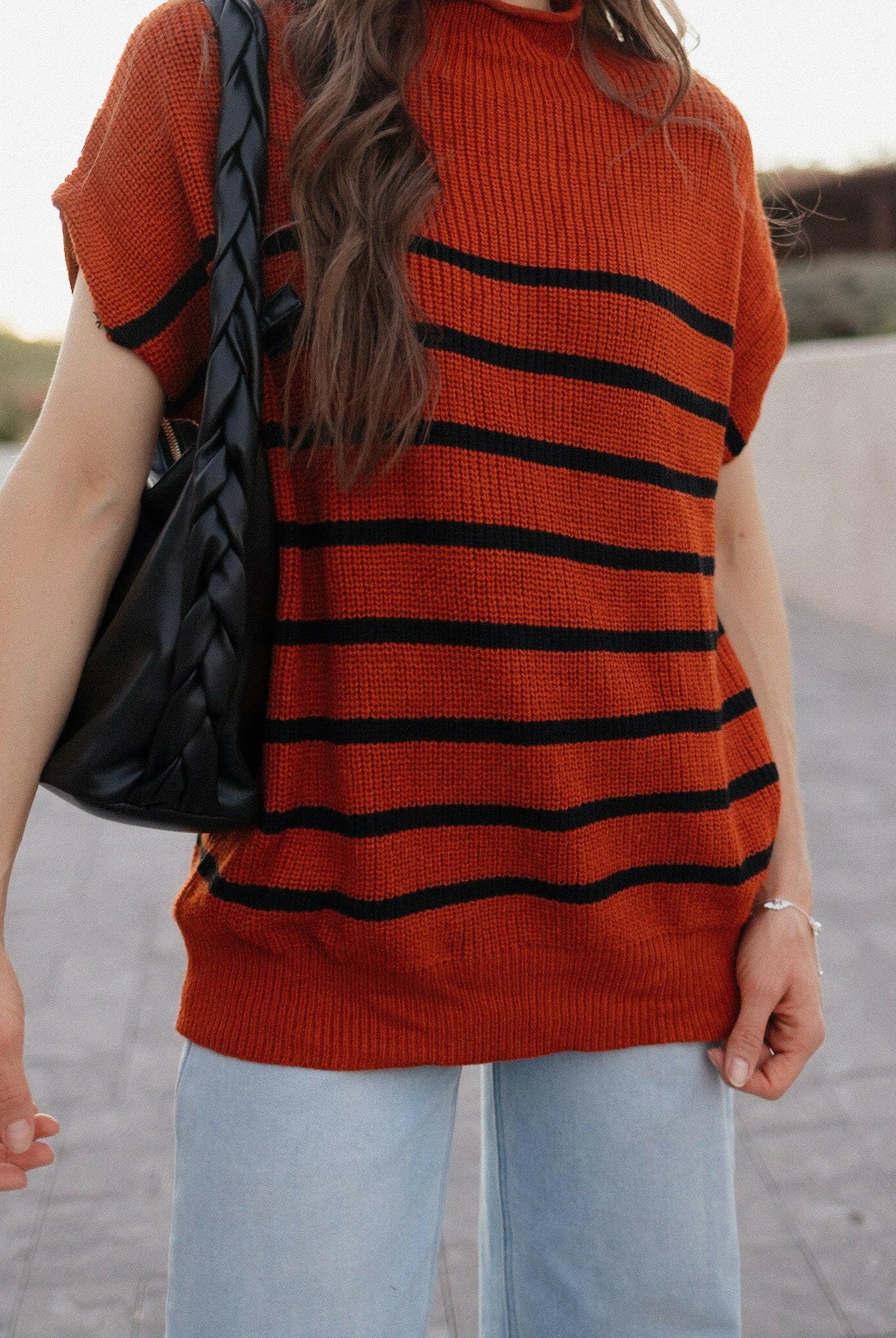 Between the Lines Striped Mock Neck Short Sleeve Sweater-Tops-Krush Kandy, Women's Online Fashion Boutique Located in Phoenix, Arizona (Scottsdale Area)
