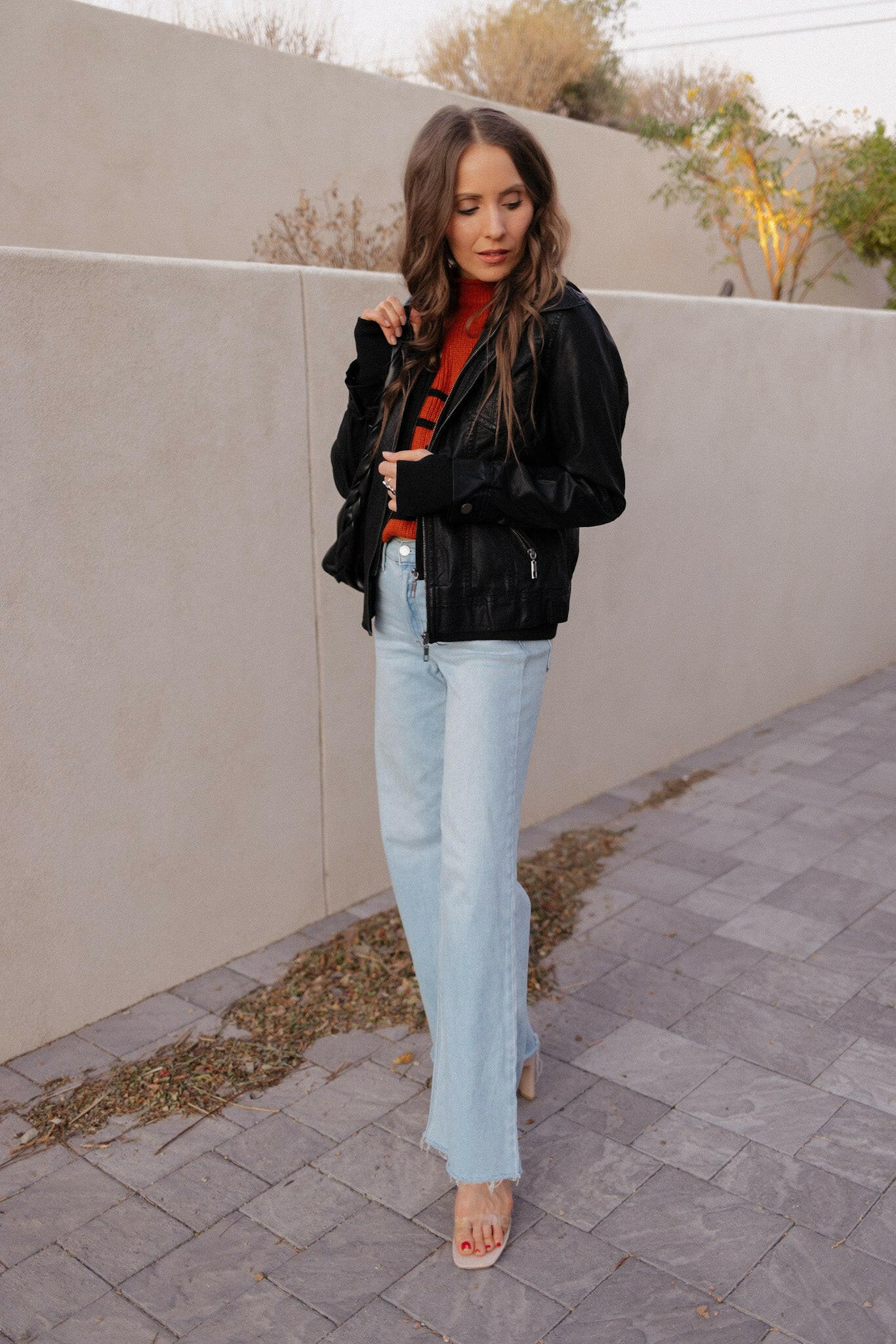 Hooded Lined Vegan Leather Moto Jacket with Thumbholes-Jackets-Krush Kandy, Women's Online Fashion Boutique Located in Phoenix, Arizona (Scottsdale Area)