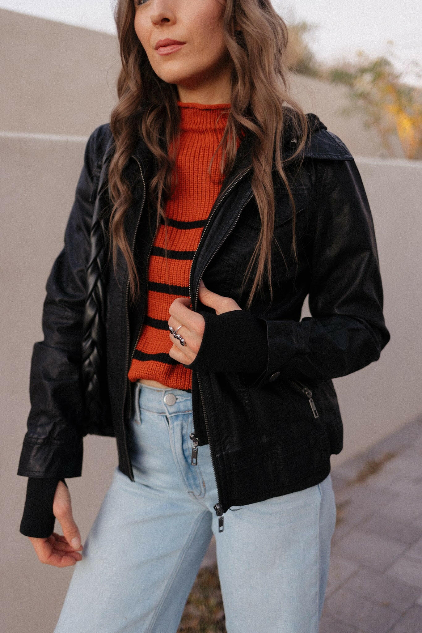 Hooded Lined Vegan Leather Moto Jacket with Thumbholes-Jackets-Krush Kandy, Women's Online Fashion Boutique Located in Phoenix, Arizona (Scottsdale Area)