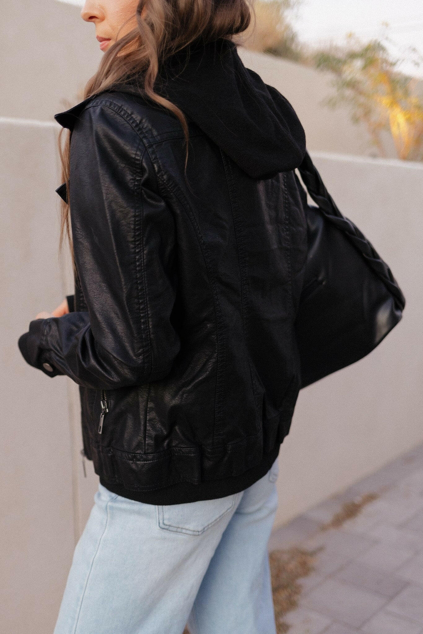 Hooded Lined Vegan Leather Moto Jacket with Thumbholes-Jackets-Krush Kandy, Women's Online Fashion Boutique Located in Phoenix, Arizona (Scottsdale Area)