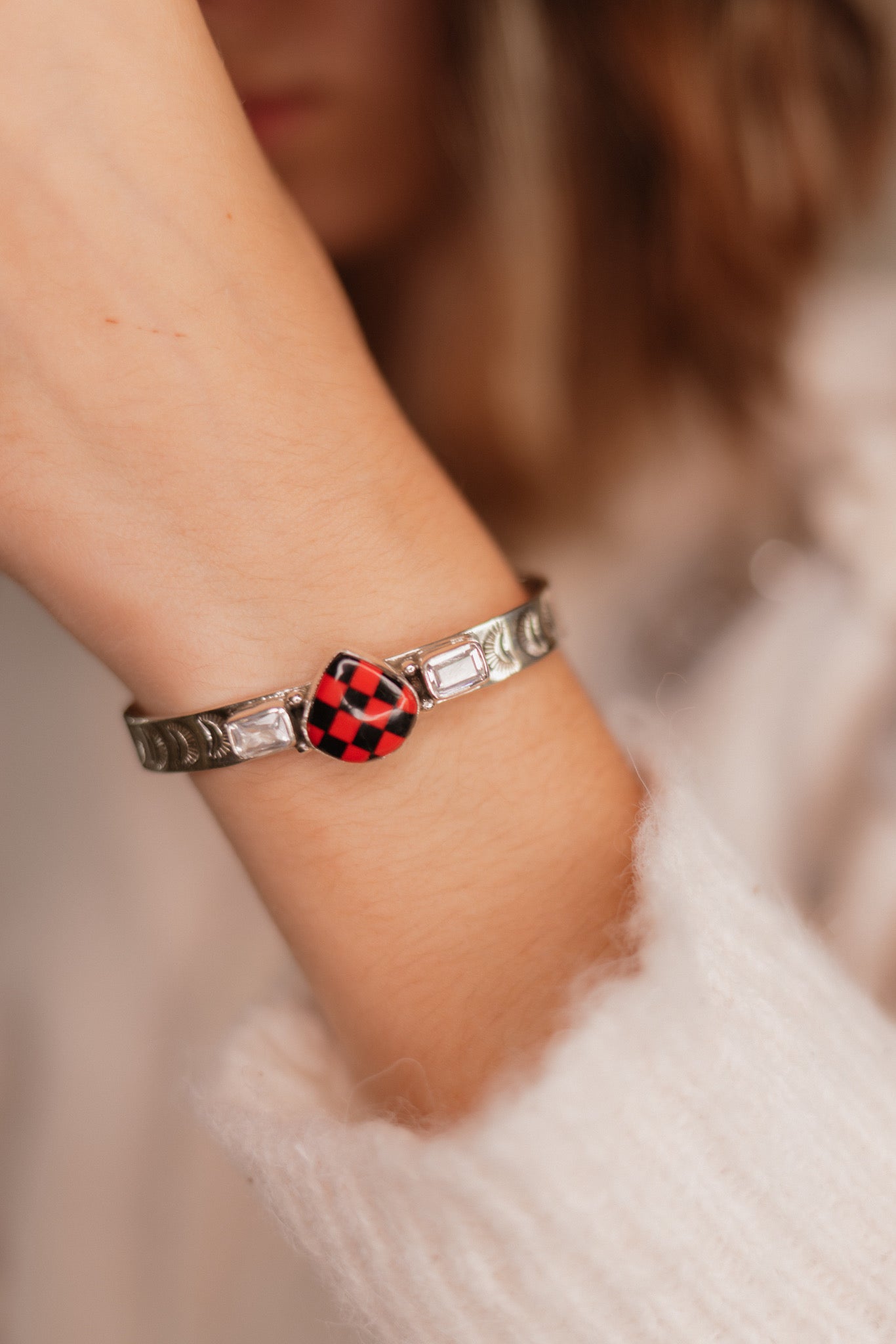 Red Checkered Teardrop & White CZ Cuff-Bracelets-Krush Kandy, Women's Online Fashion Boutique Located in Phoenix, Arizona (Scottsdale Area)