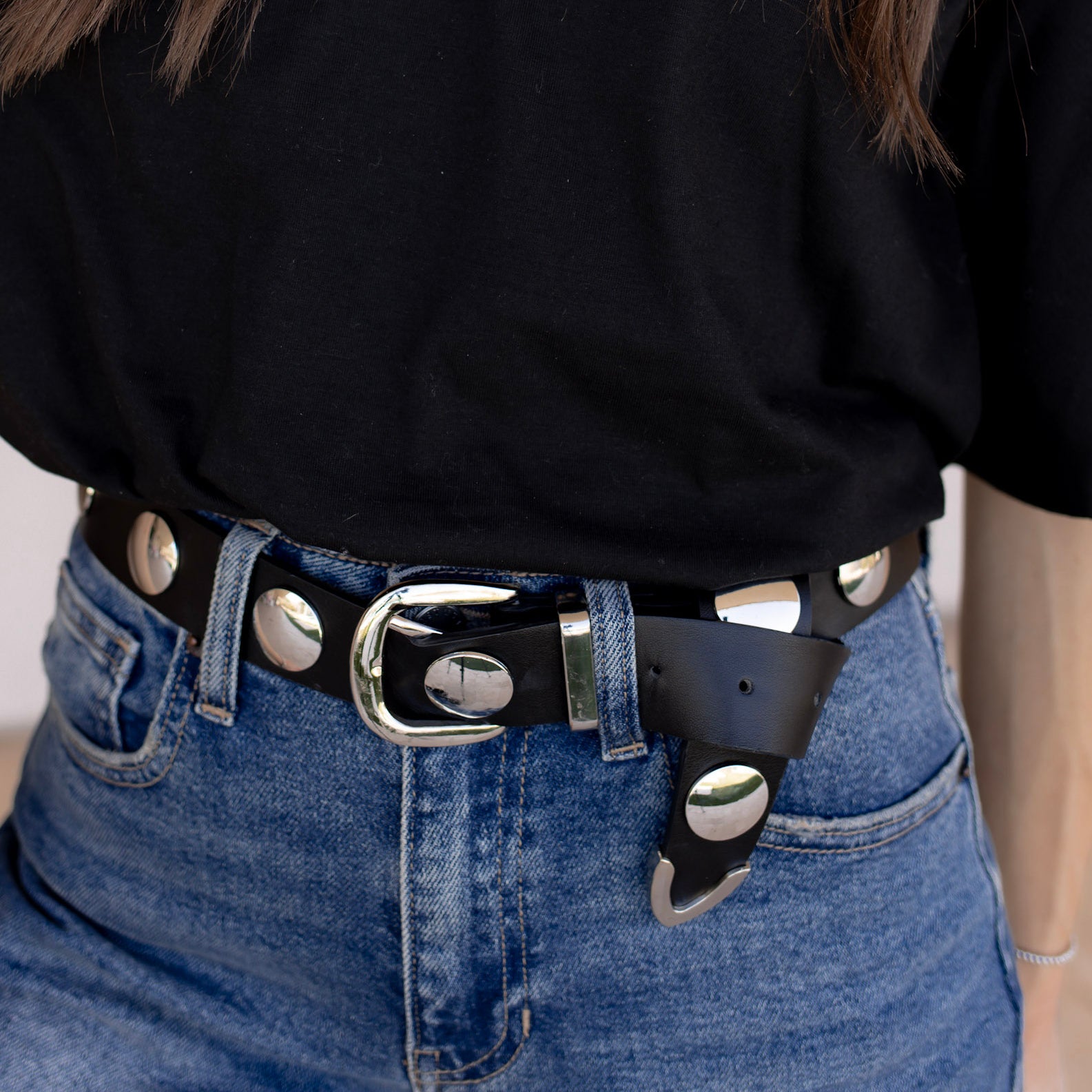 Metallic Disc Studded Faux Leather Belt