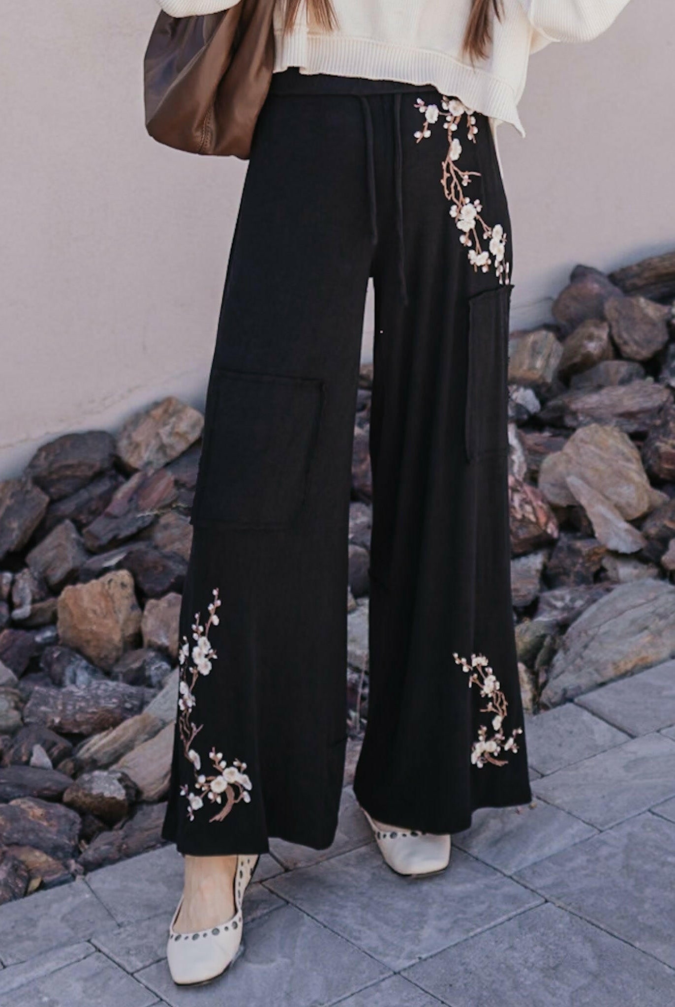 Embroidered Floral Casual Knit Pants-Pants-Krush Kandy, Women's Online Fashion Boutique Located in Phoenix, Arizona (Scottsdale Area)