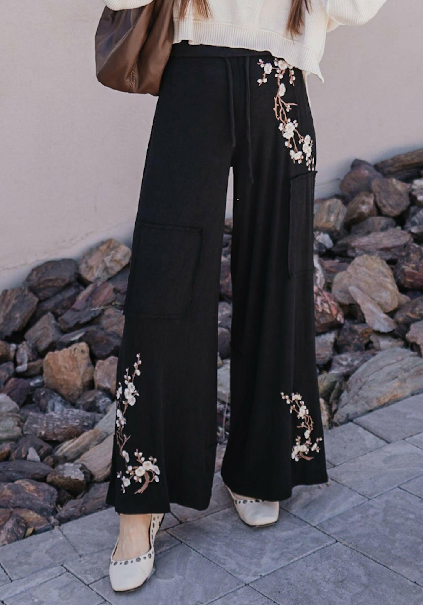 Embroidered Floral Casual Knit Pants-Pants-Krush Kandy, Women's Online Fashion Boutique Located in Phoenix, Arizona (Scottsdale Area)