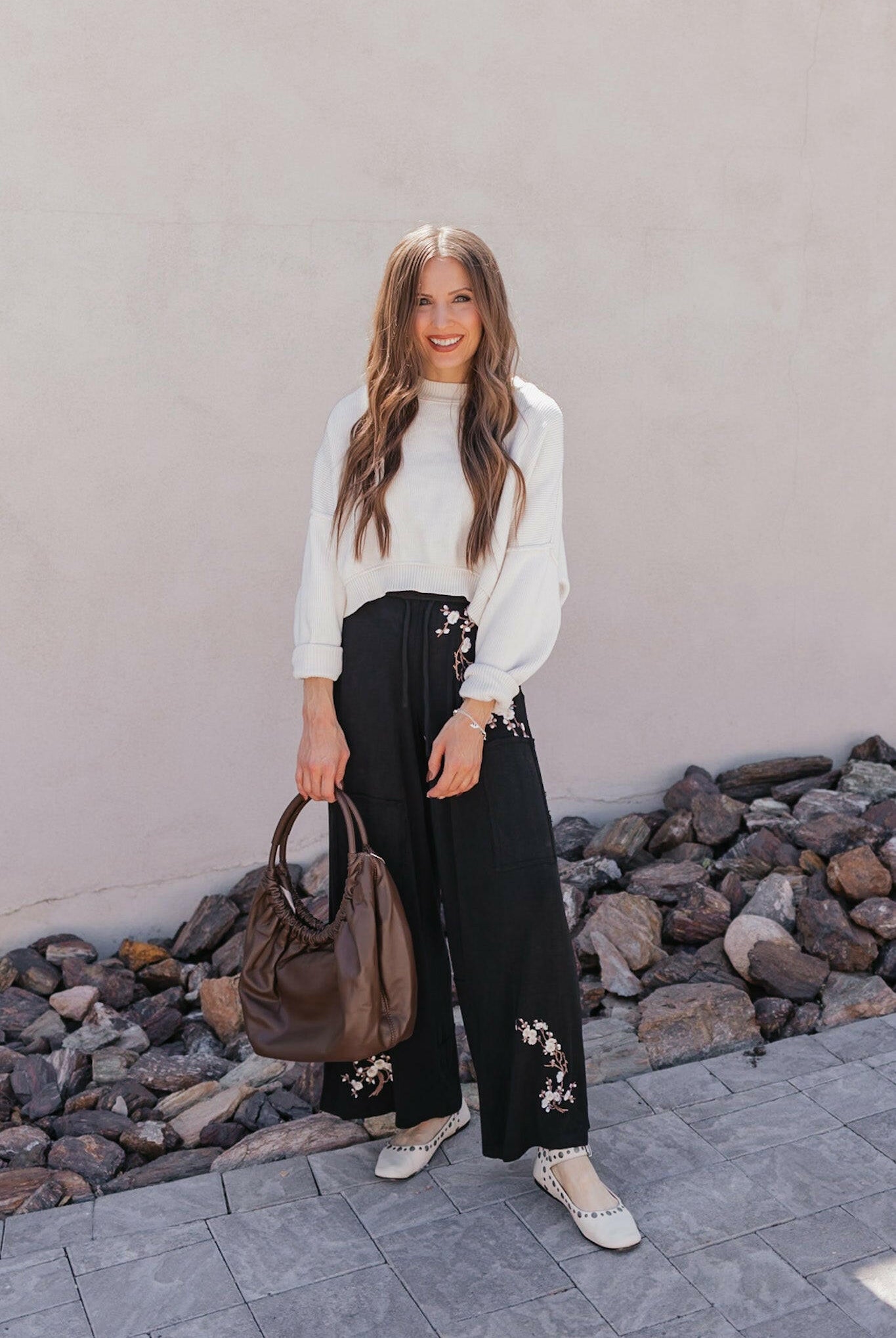 Embroidered Floral Casual Knit Pants-Pants-Krush Kandy, Women's Online Fashion Boutique Located in Phoenix, Arizona (Scottsdale Area)