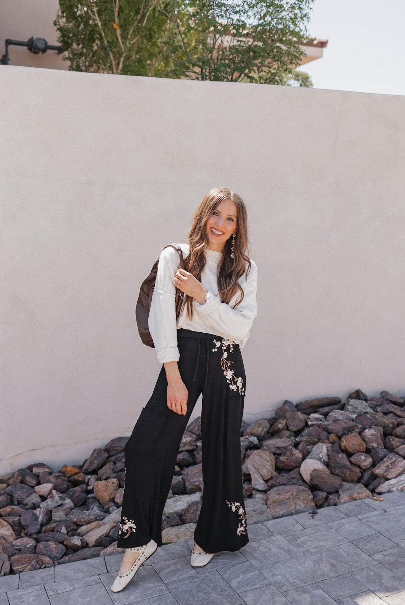 Embroidered Floral Casual Knit Pants-Pants-Krush Kandy, Women's Online Fashion Boutique Located in Phoenix, Arizona (Scottsdale Area)