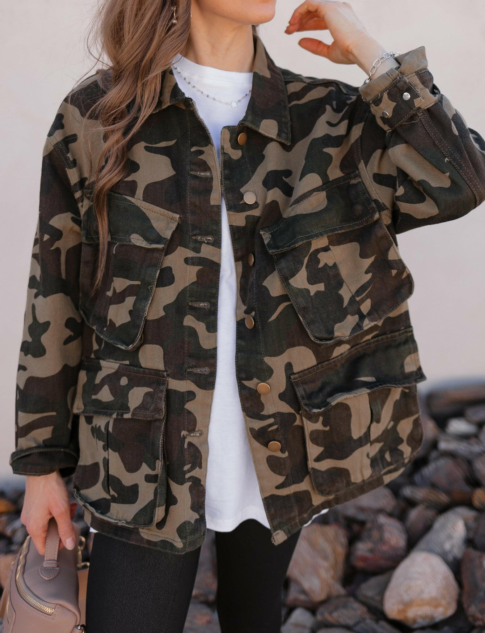Outlands Oversized Camo Cargo Pocket Denim Jacket-Shackets-Krush Kandy, Women's Online Fashion Boutique Located in Phoenix, Arizona (Scottsdale Area)