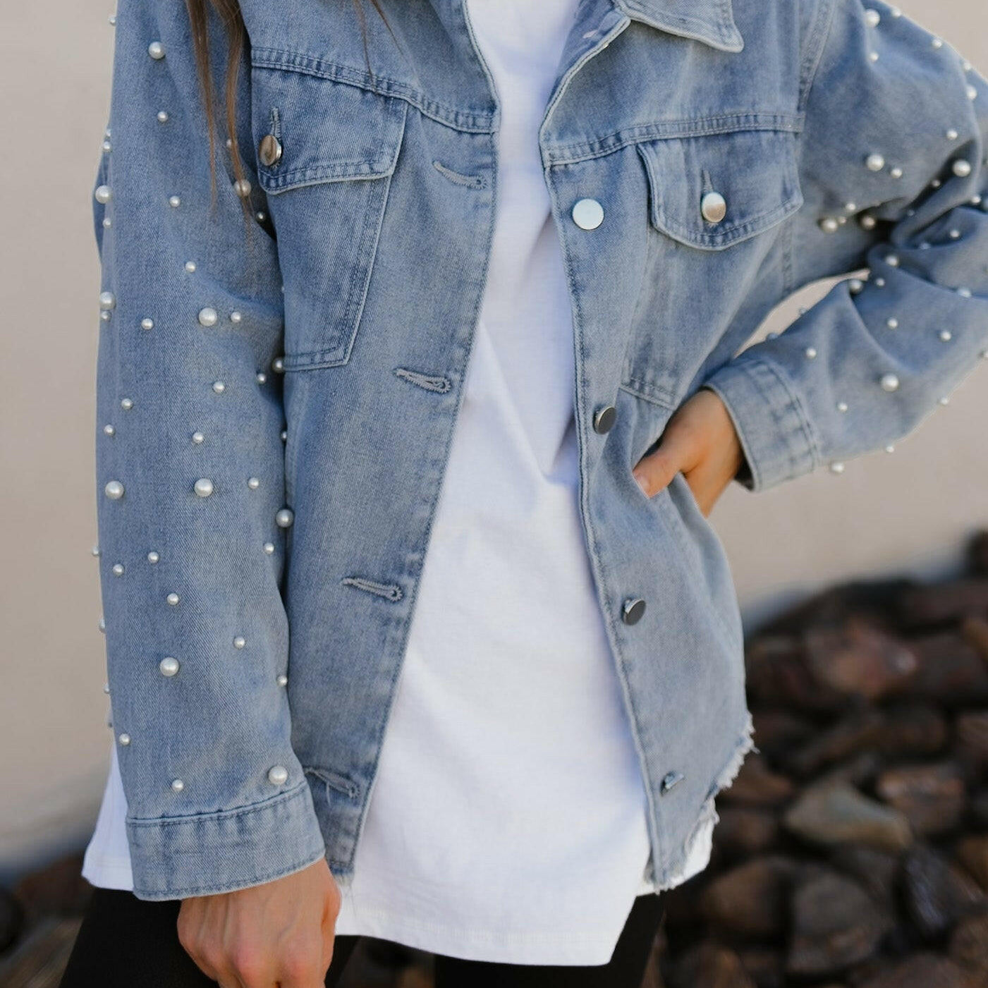 Pearly Girly Peal Denim Jacket-Jackets-Krush Kandy, Women's Online Fashion Boutique Located in Phoenix, Arizona (Scottsdale Area)