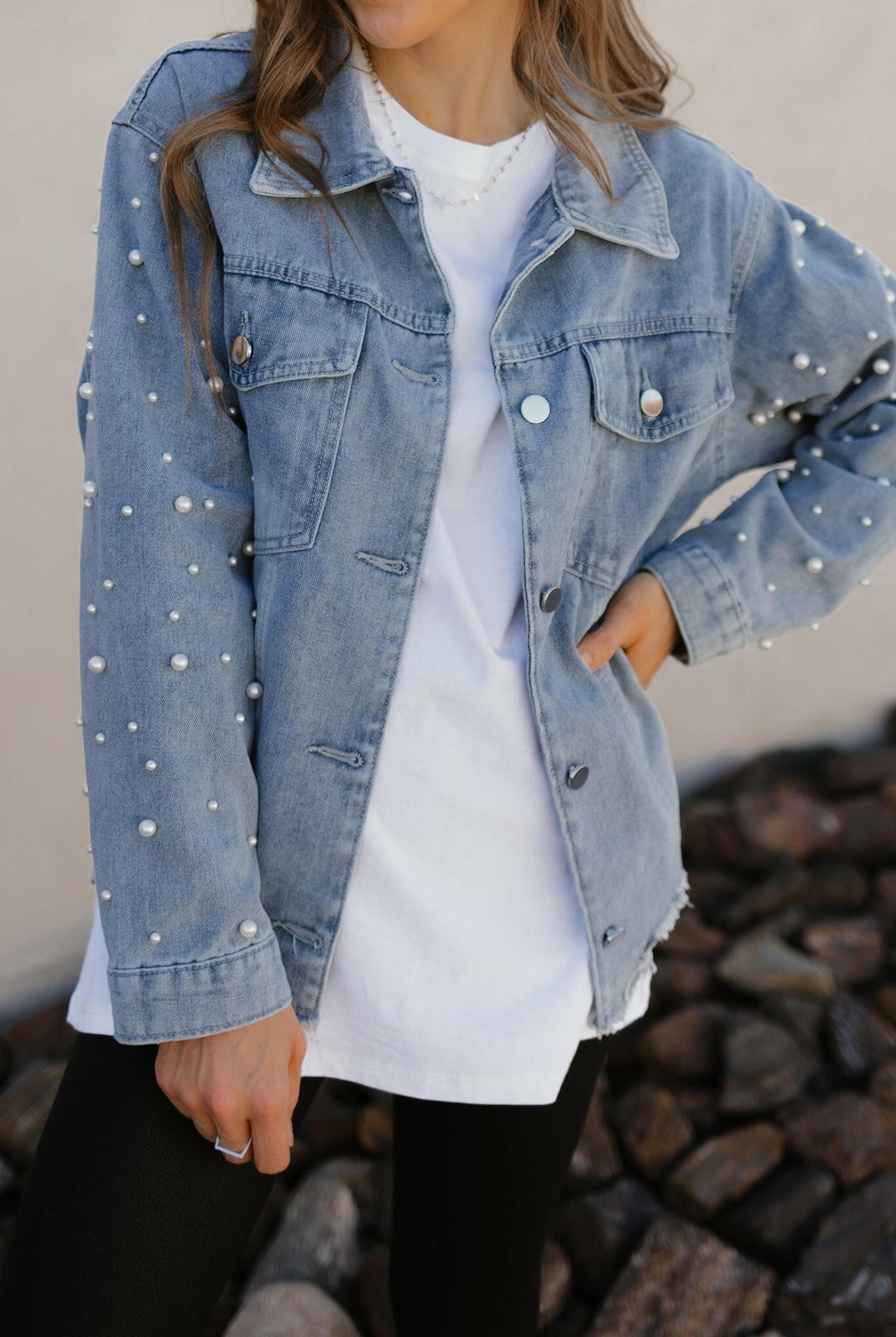 Pearly Girly Peal Denim Jacket-Jackets-Krush Kandy, Women's Online Fashion Boutique Located in Phoenix, Arizona (Scottsdale Area)